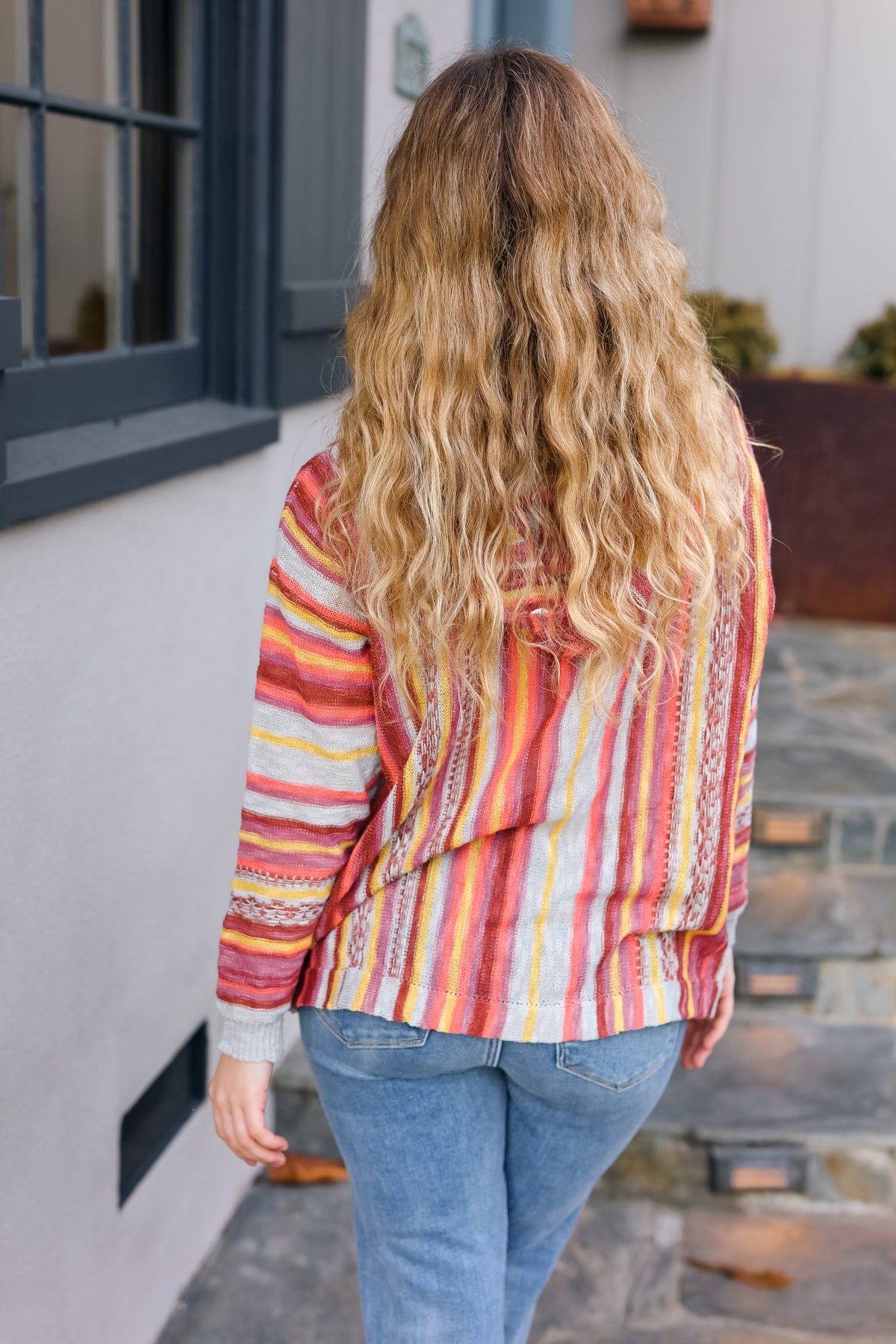 Be Bold Coral & Sienna Stripe Pullover Notched Neck Hoodie - Charming Charlie