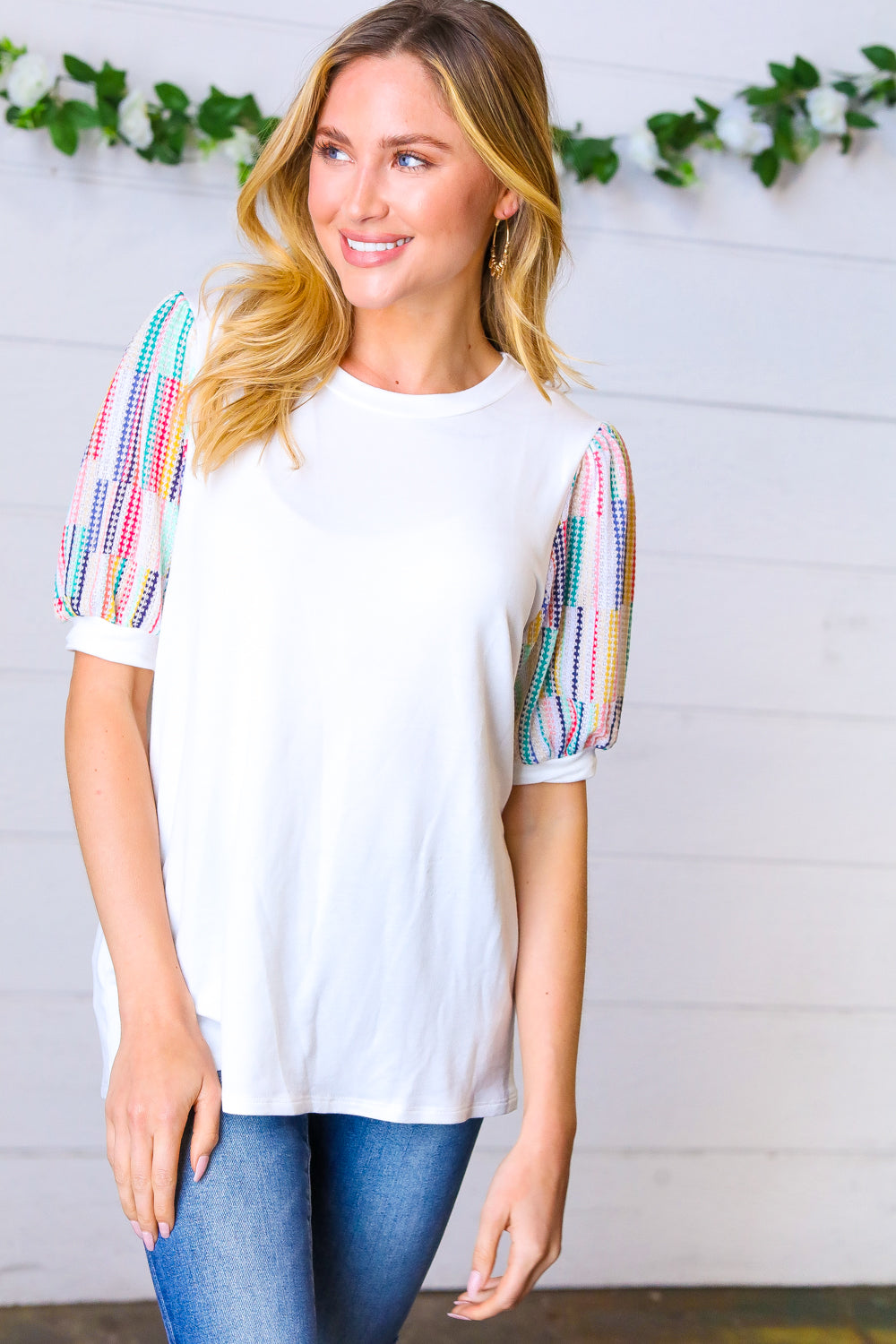Ivory Multicolor Vertical Stripe Puff Sleeve Top - Charming Charlie