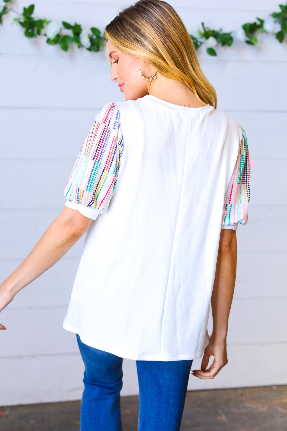 Ivory Multicolor Vertical Stripe Puff Sleeve Top - Charming Charlie