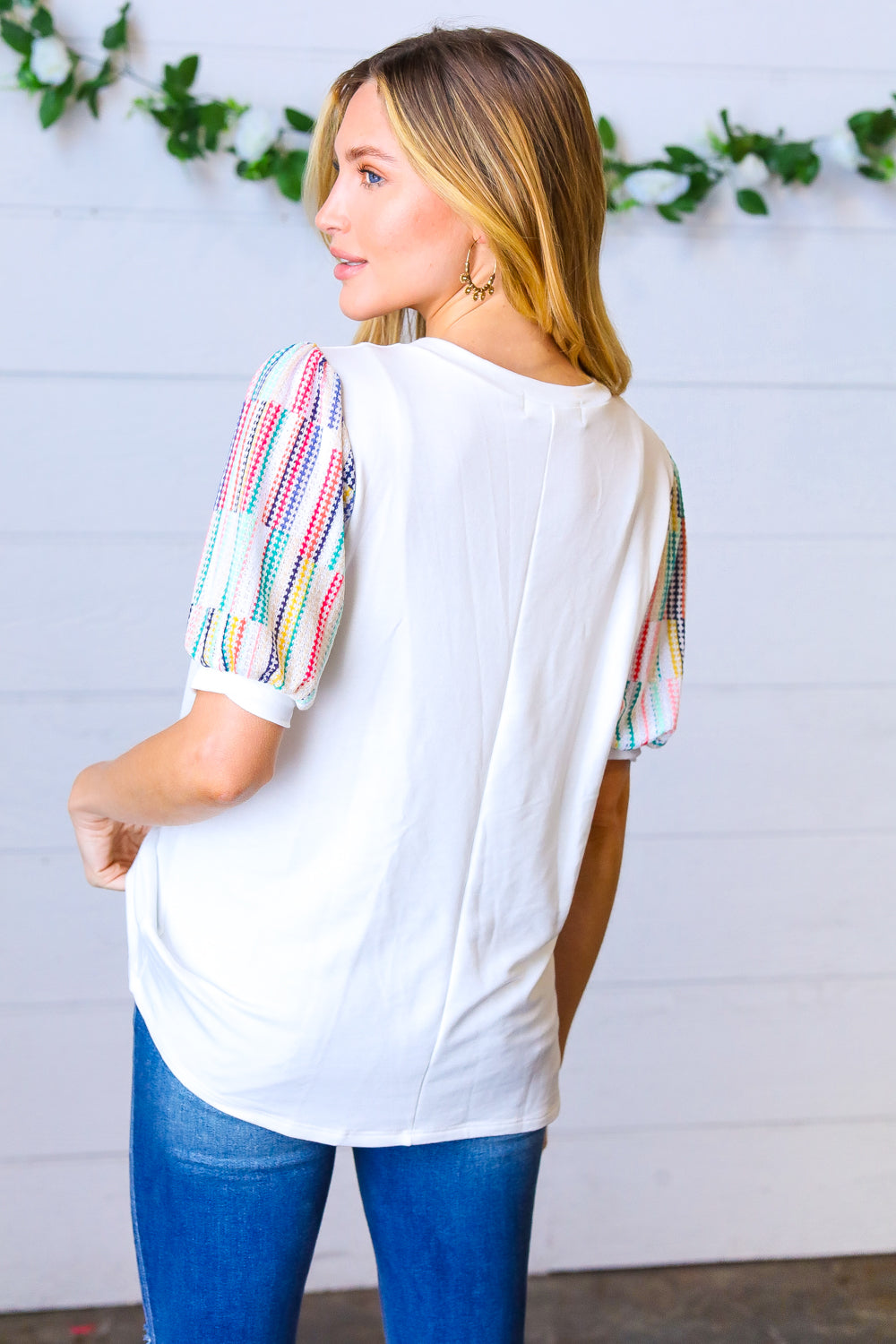 Ivory Multicolor Vertical Stripe Puff Sleeve Top - Charming Charlie
