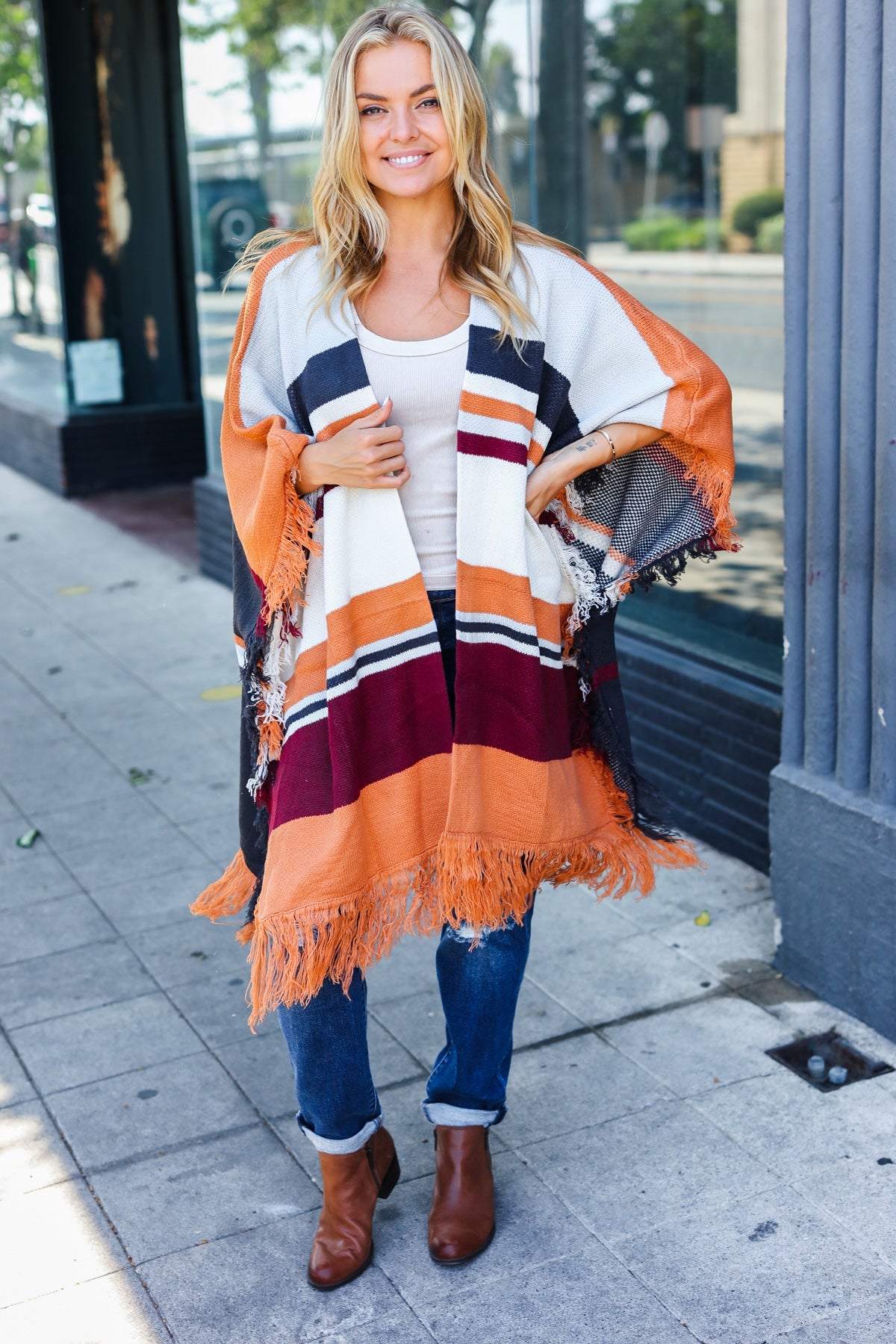 Follow Me Rust Multicolor Stripe Tassel Fringe Open Poncho - Charming Charlie