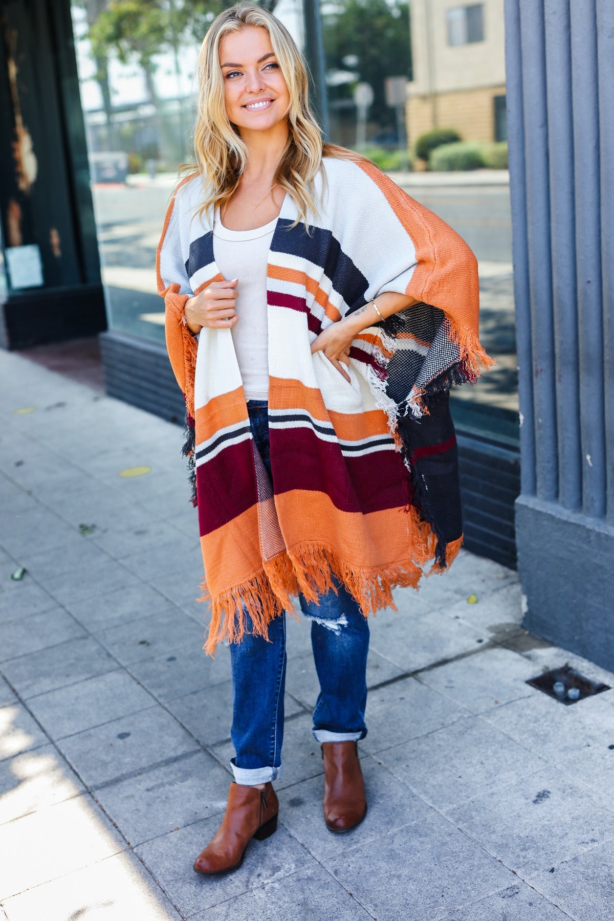 Follow Me Rust Multicolor Stripe Tassel Fringe Open Poncho - Charming Charlie