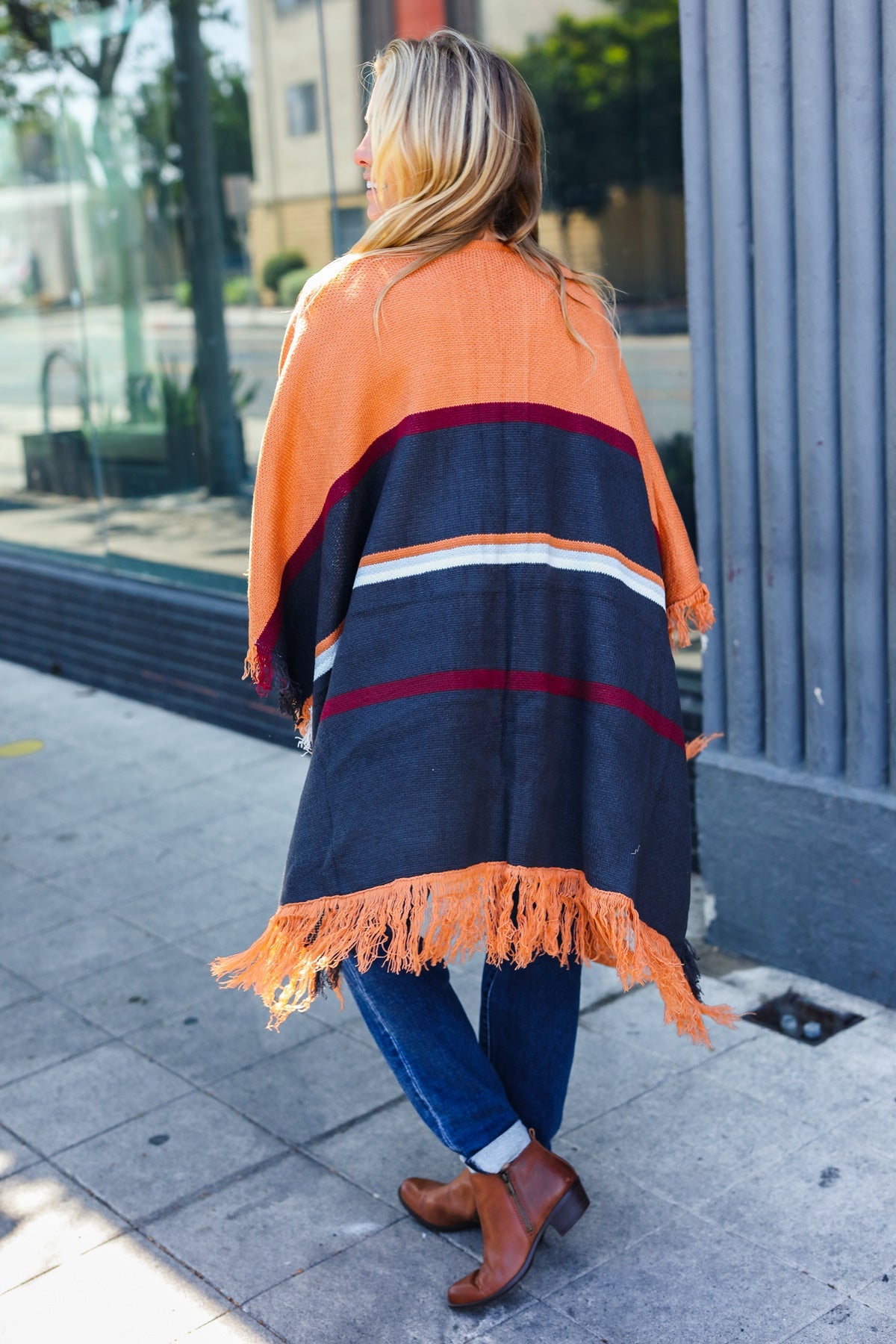 Follow Me Rust Multicolor Stripe Tassel Fringe Open Poncho - Charming Charlie