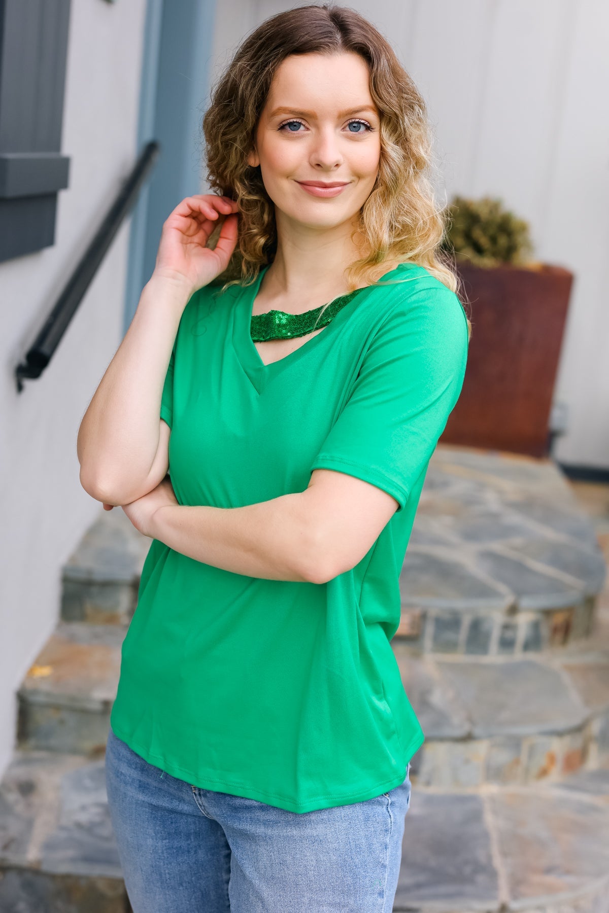 Saint Patrick Asymmetrical Sequin Banded V Neck Top - Charming Charlie
