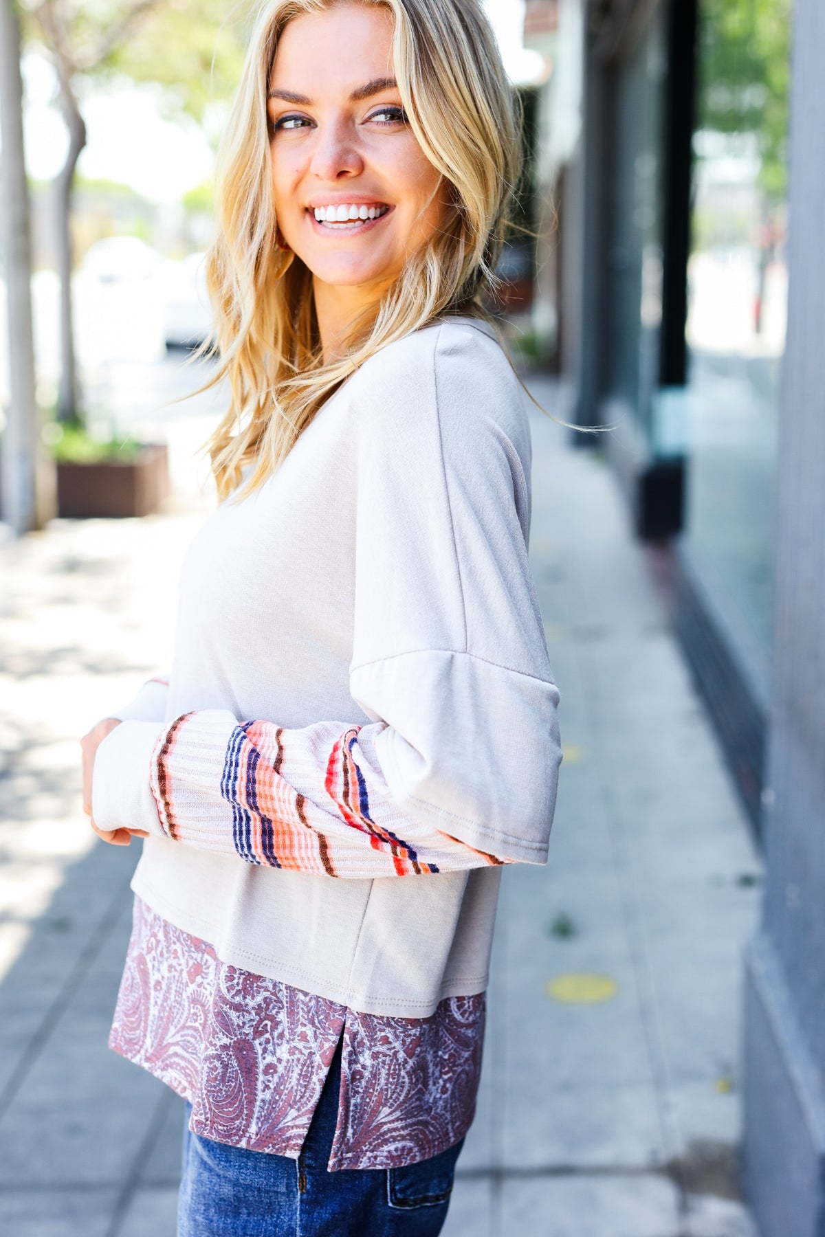 Boho Energy Taupe Stripe & Paisley Twofer Terry Top - Charming Charlie