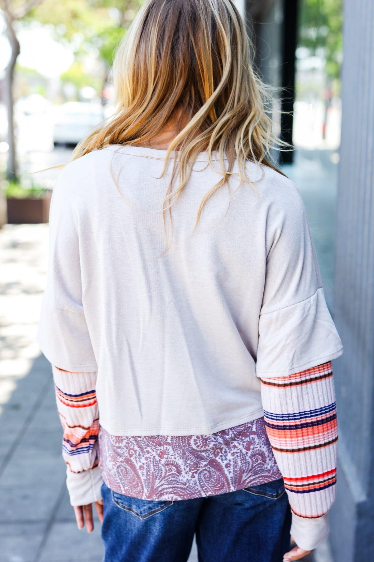 Boho Energy Taupe Stripe & Paisley Twofer Terry Top - Charming Charlie