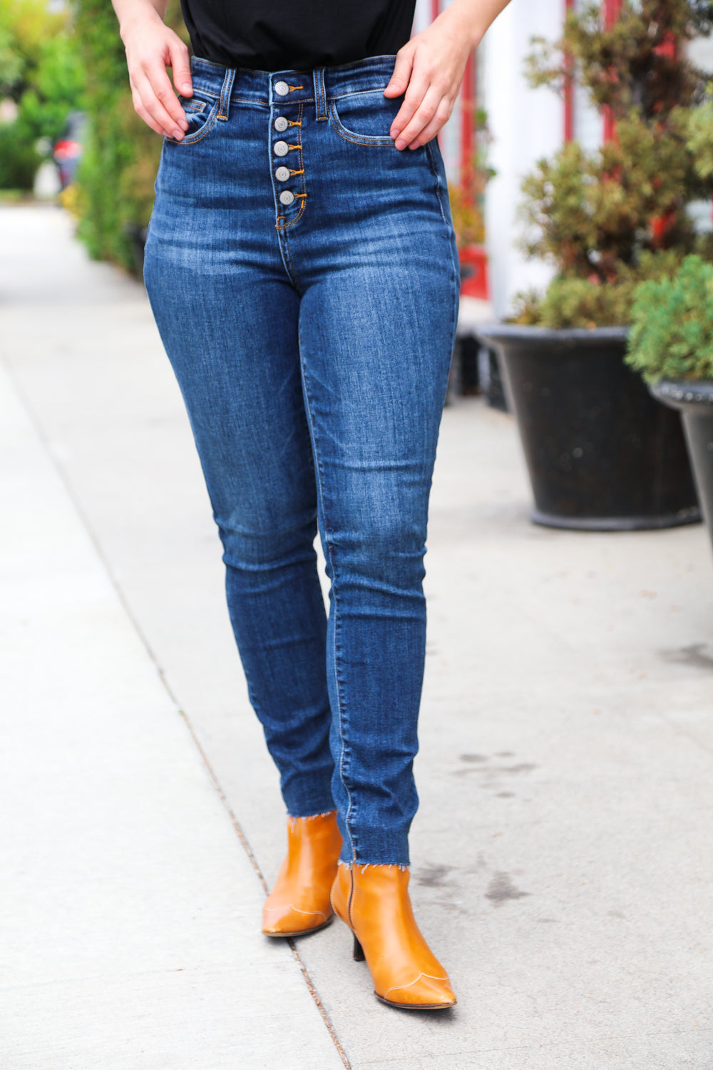 Stand Out Dark Denim High Rise Skinny Fit Button Fly Jeans - Charming Charlie