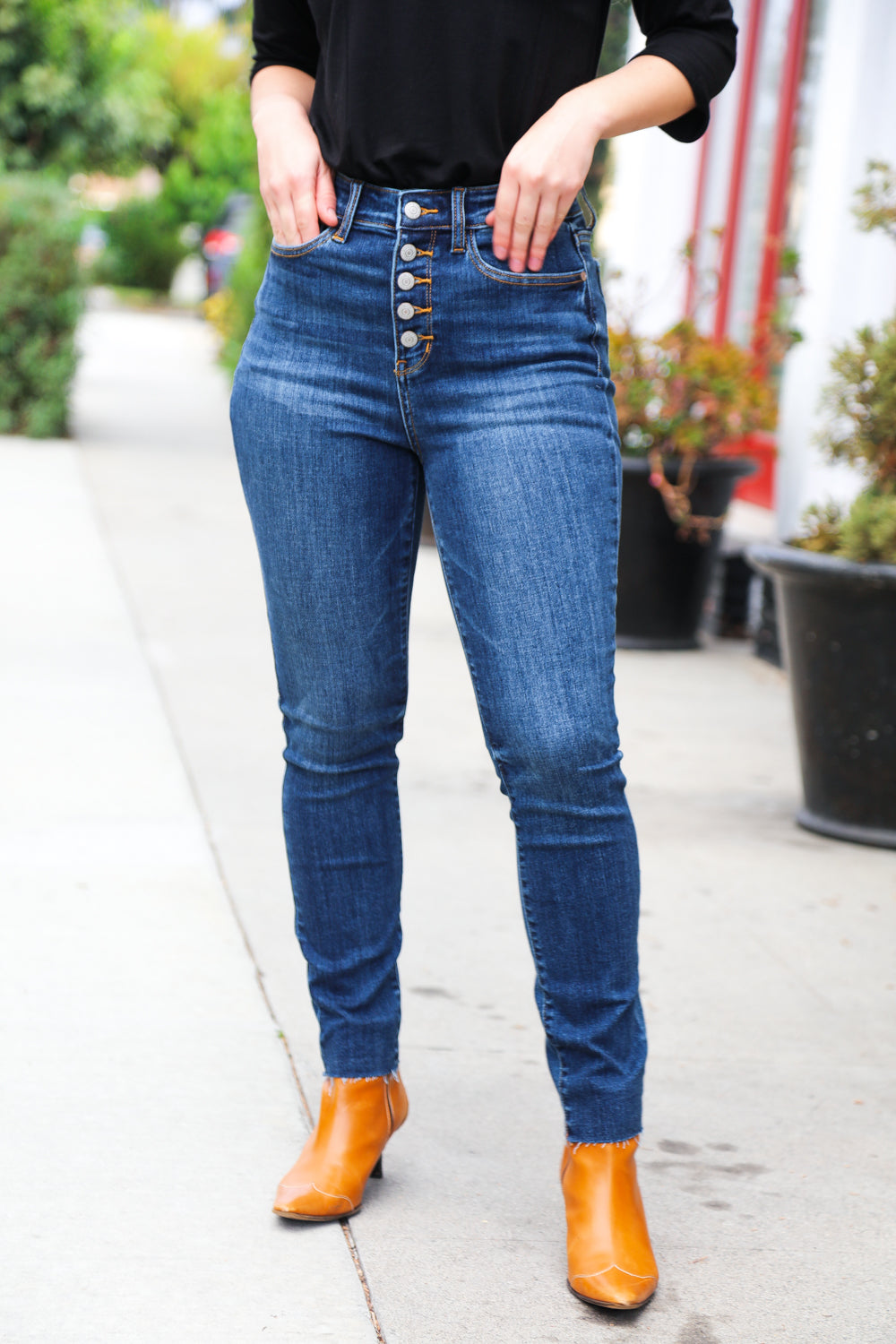 Stand Out Dark Denim High Rise Skinny Fit Button Fly Jeans - Charming Charlie