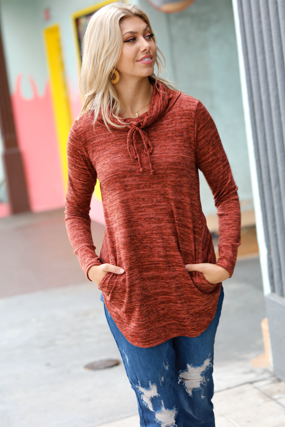 Rust Marled Cowl Neck Pocketed Top - Charming Charlie