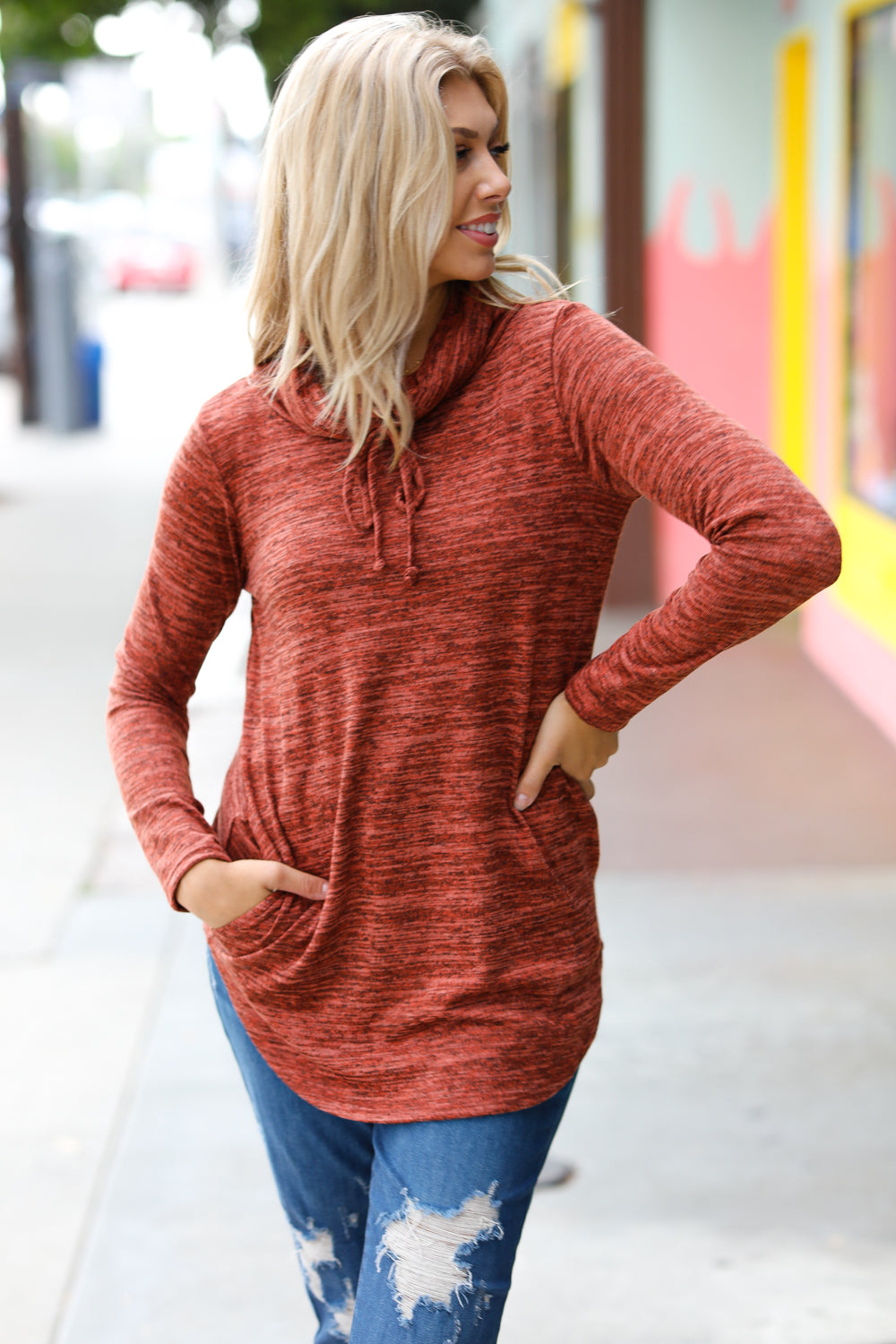 Rust Marled Cowl Neck Pocketed Top - Charming Charlie