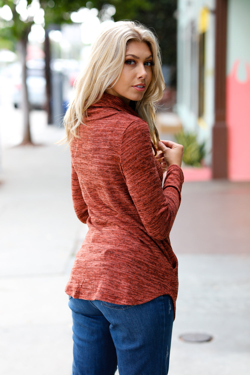 Rust Marled Cowl Neck Pocketed Top - Charming Charlie