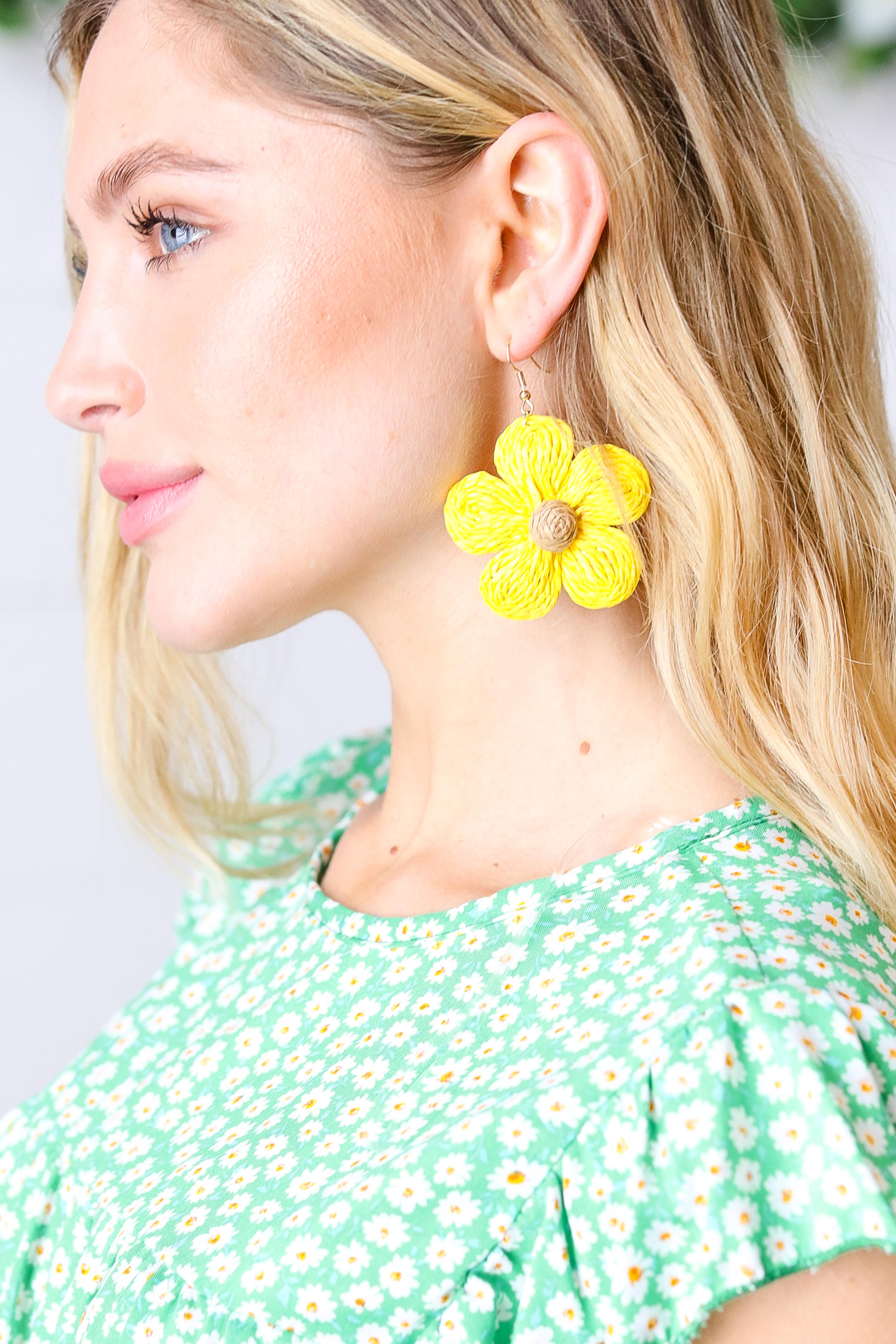 Canary Handwoven Straw Flower Dangle Earrings - Charming Charlie