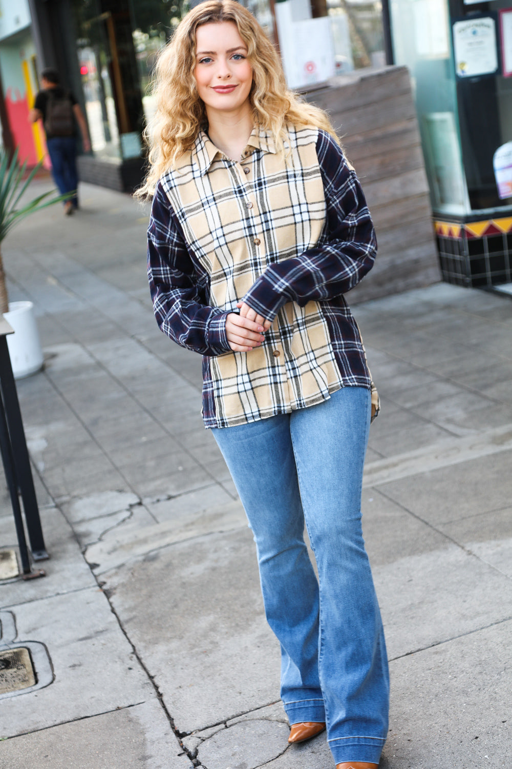 Navy & Beige Cotton Plaid Hi-Lo Shirt Top - Charming Charlie