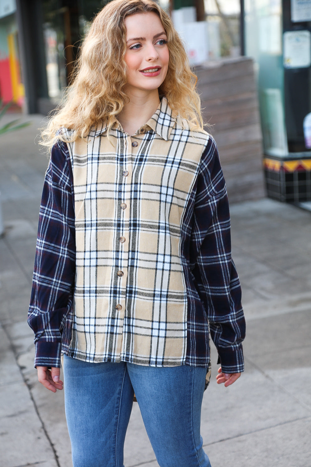 Navy & Beige Cotton Plaid Hi-Lo Shirt Top - Charming Charlie