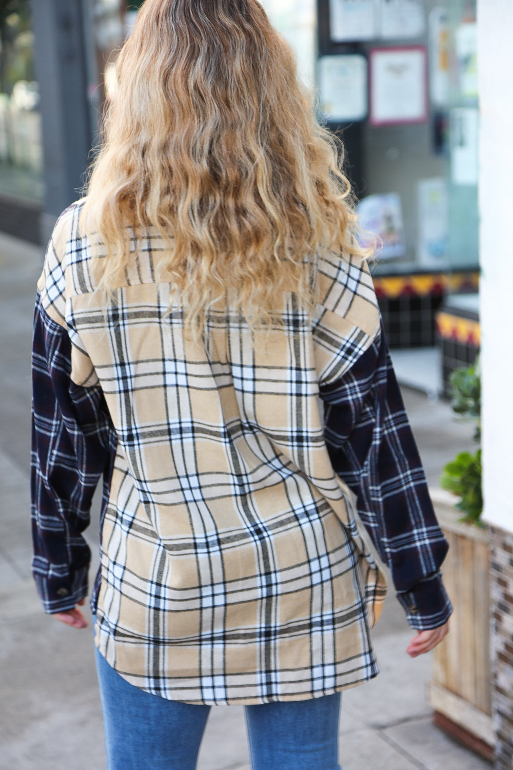Navy & Beige Cotton Plaid Hi-Lo Shirt Top - Charming Charlie