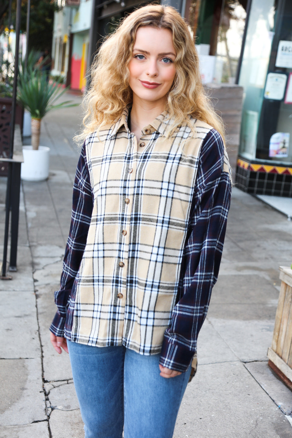 Navy & Beige Cotton Plaid Hi-Lo Shirt Top - Charming Charlie