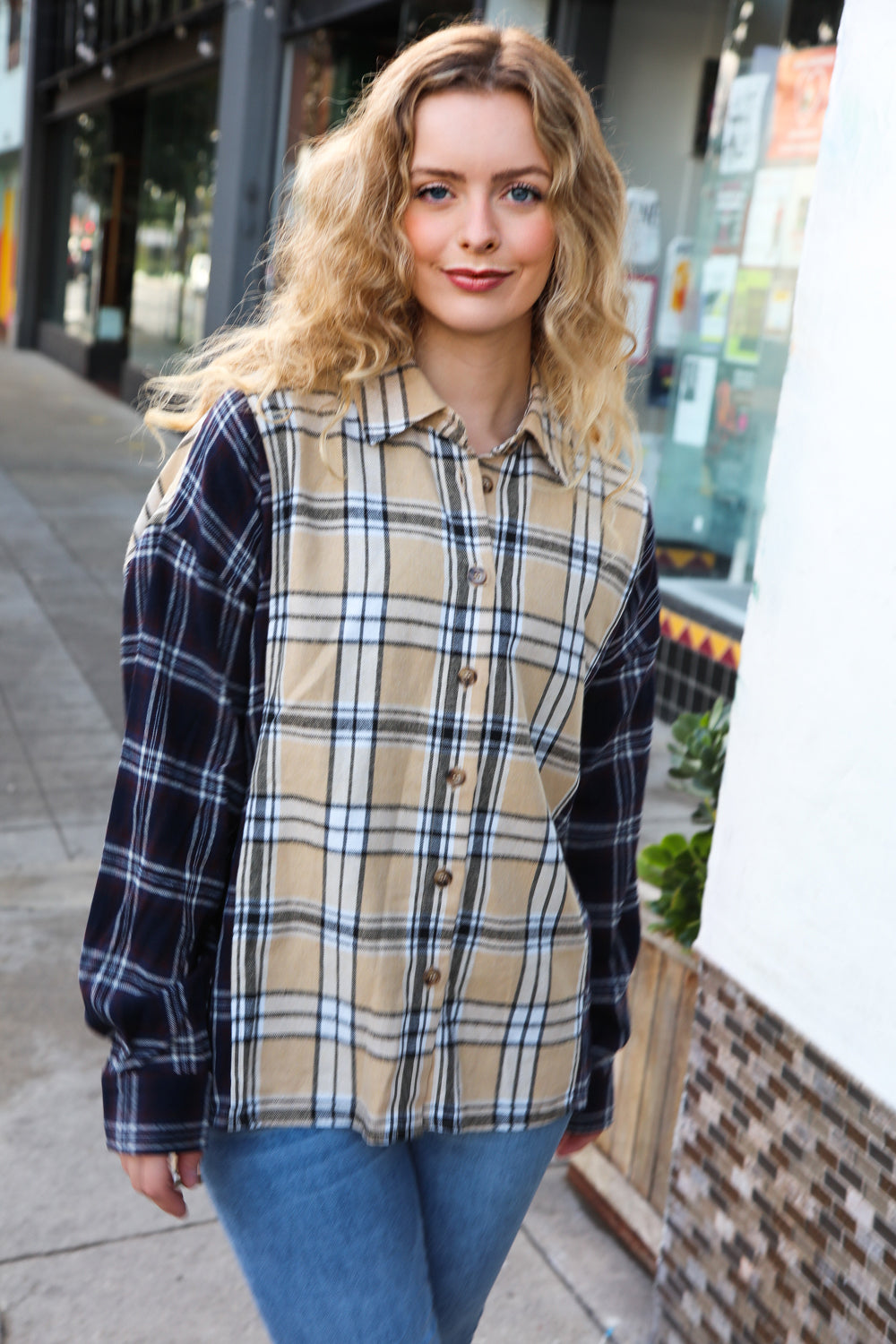 Navy & Beige Cotton Plaid Hi-Lo Shirt Top - Charming Charlie