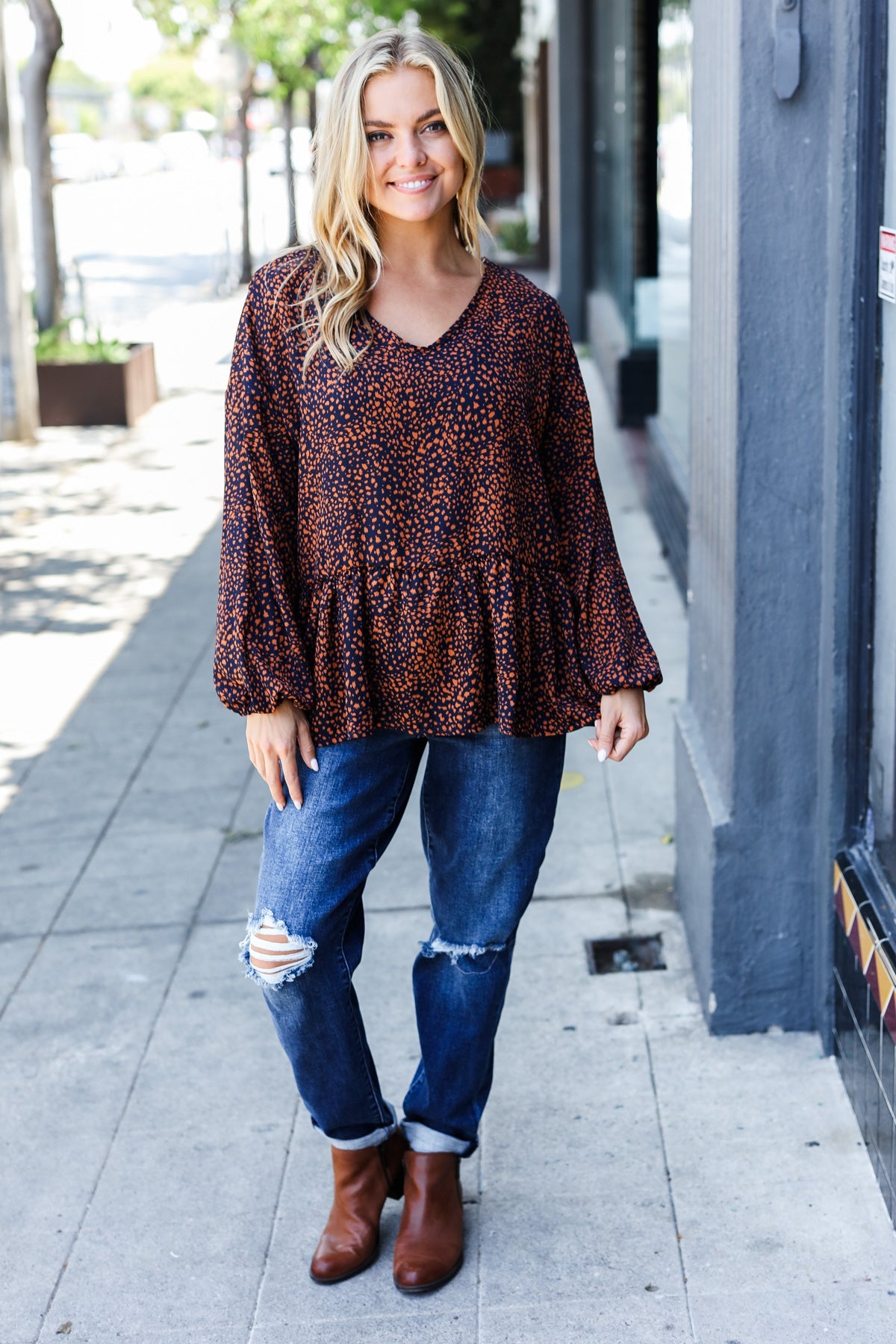 Navy & Rust Leopard Woven Babydoll Top - Charming Charlie
