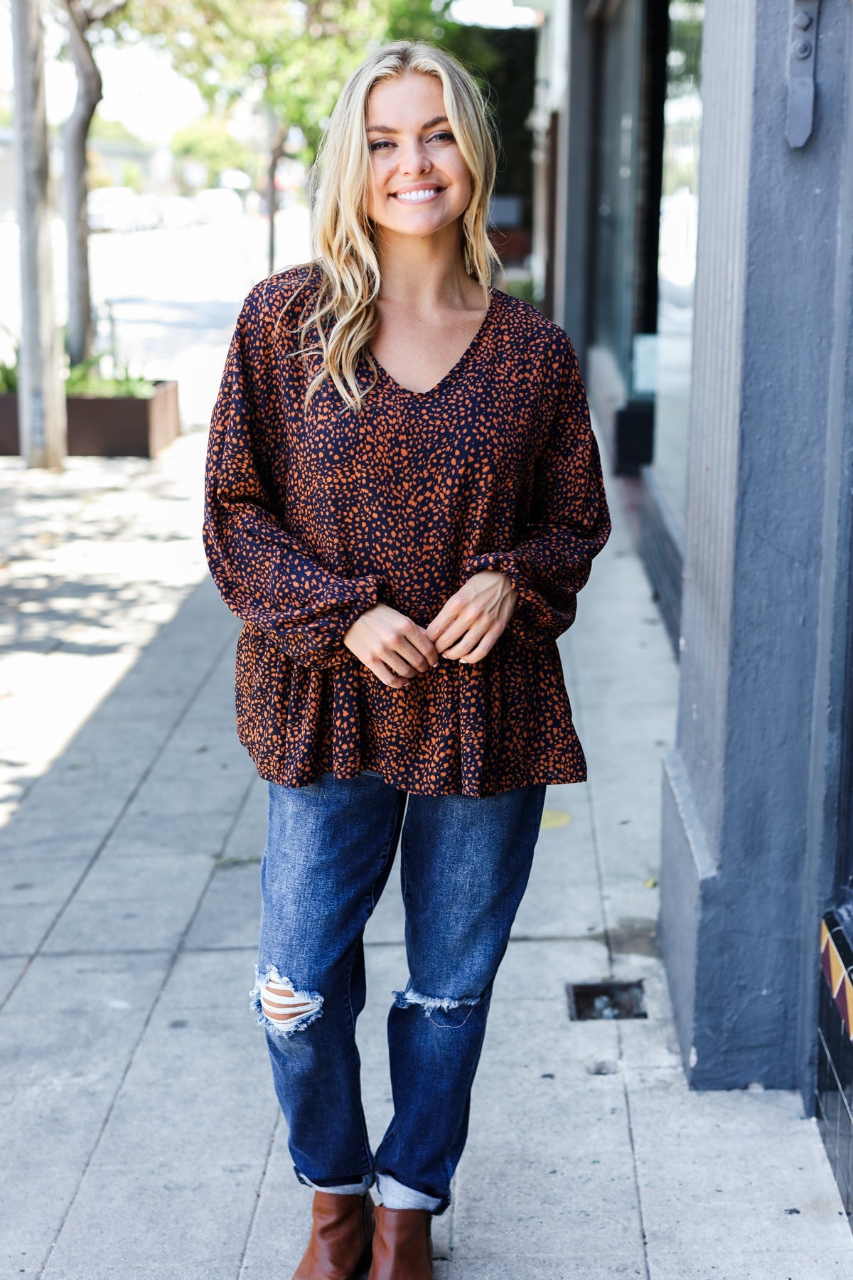 Navy & Rust Leopard Woven Babydoll Top - Charming Charlie