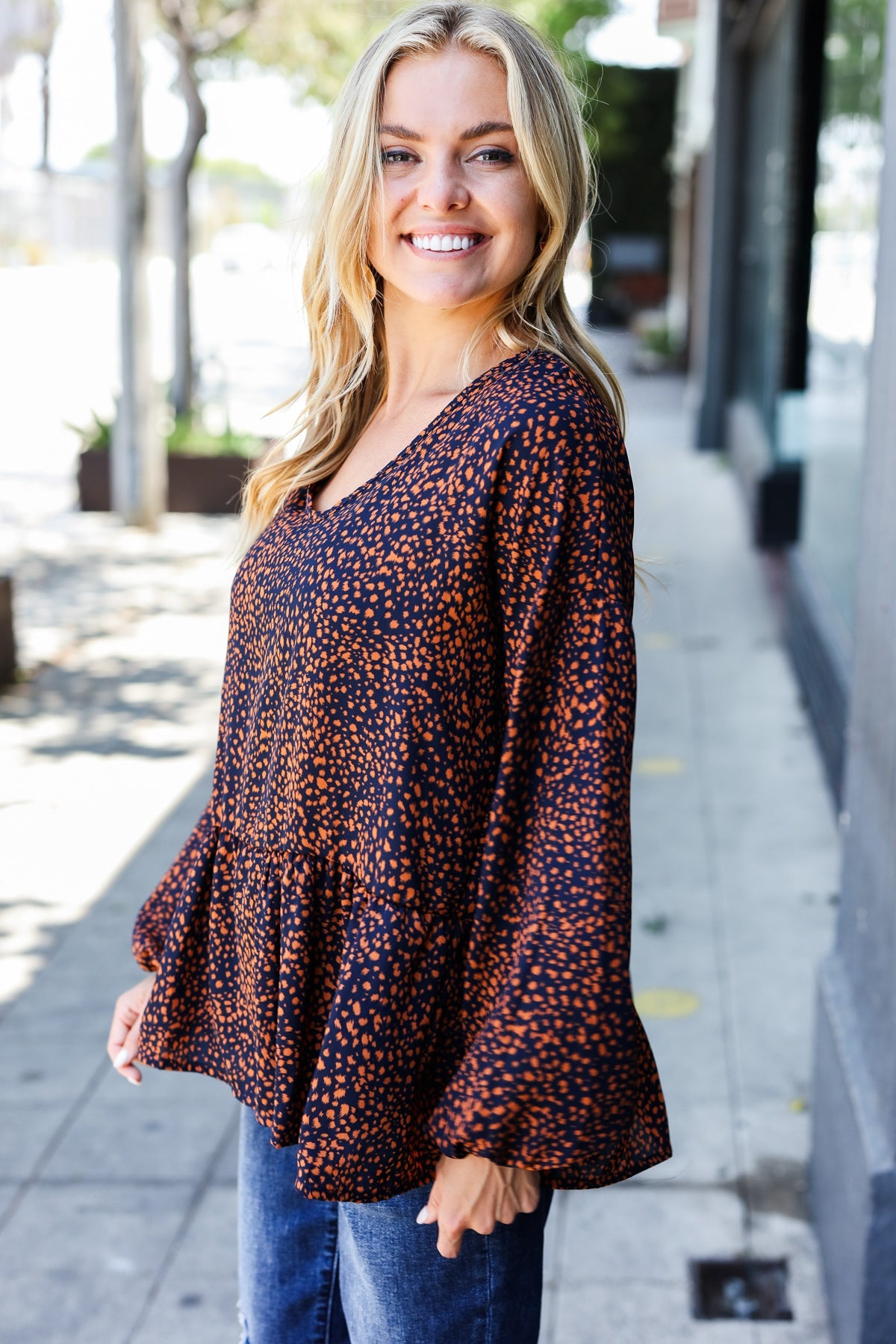 Navy & Rust Leopard Woven Babydoll Top - Charming Charlie