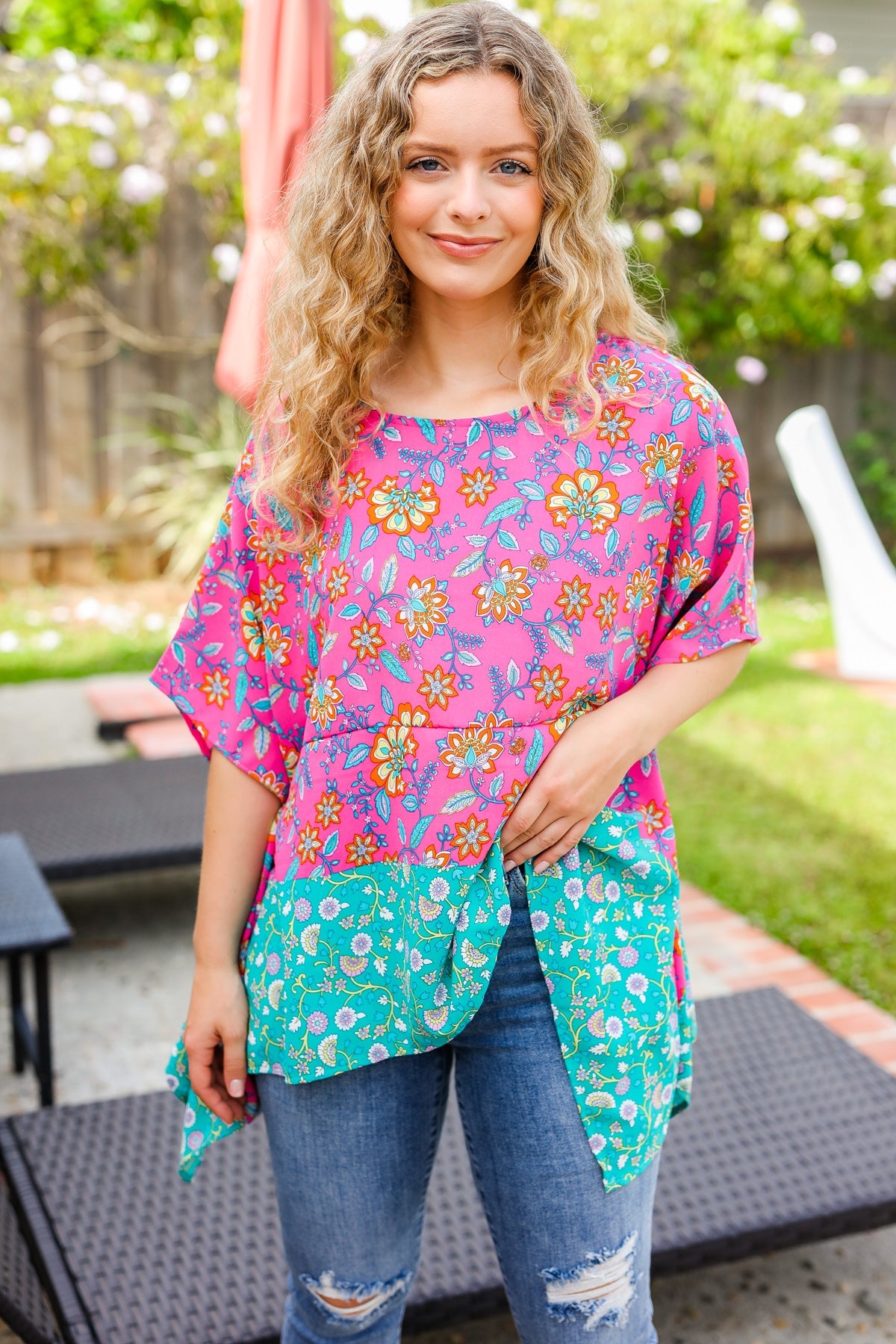 Vacay Ready Fuchsia Paisley Floral Dolman Sleeve Shark Bite Top - Charming Charlie