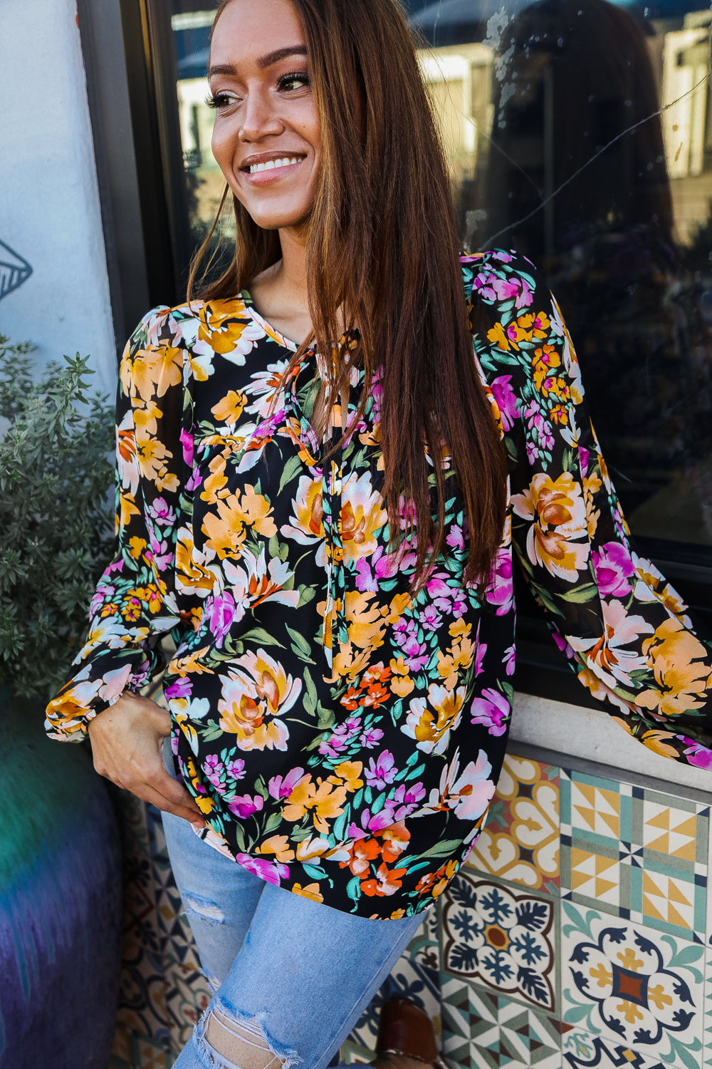 Boho Vibes Notch Tie Neck Floral Print Long Sleeve Blouse - Charming Charlie