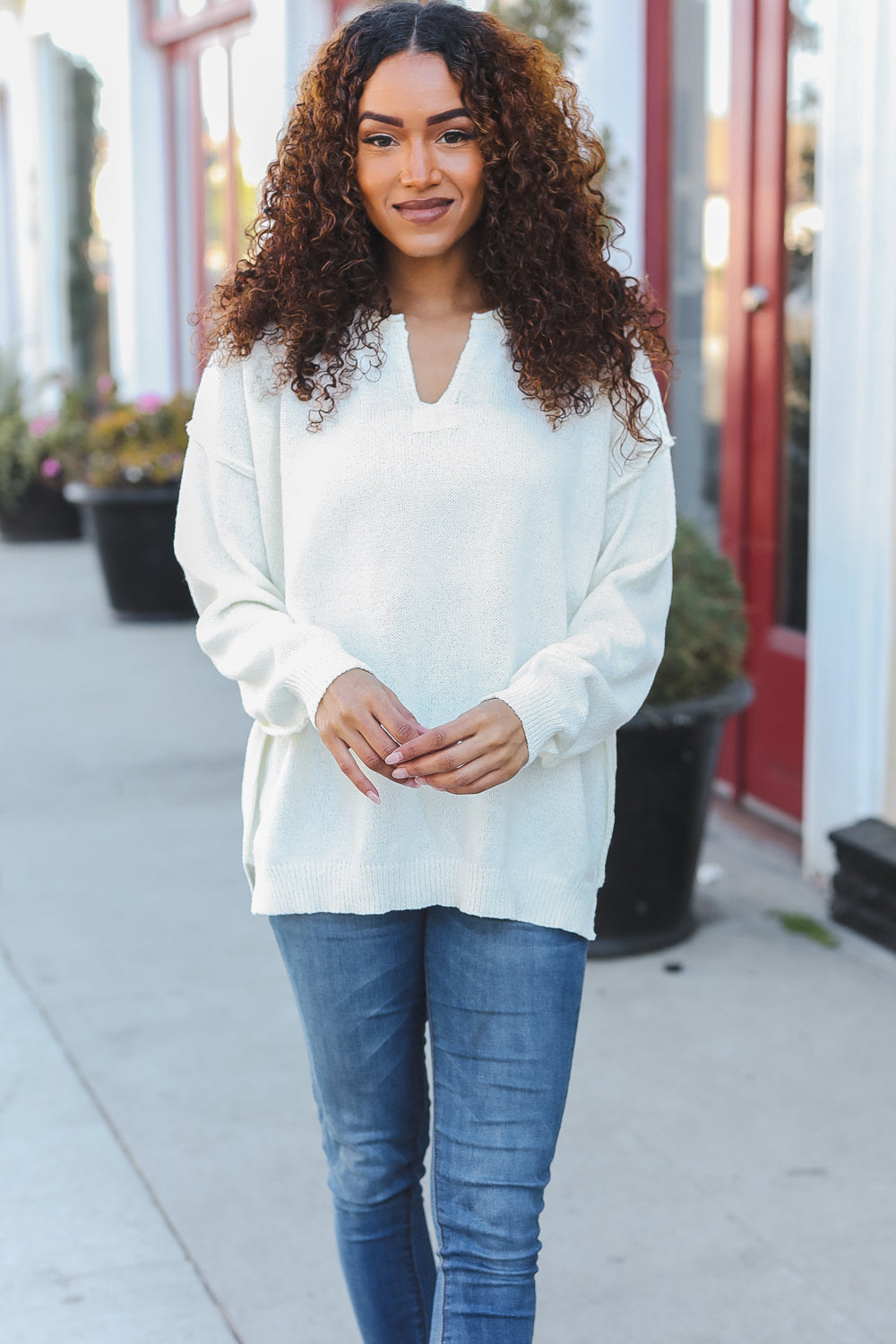 Lock Eyes Ivory Notched Neck With Patch Oversized Sweater - Charming Charlie