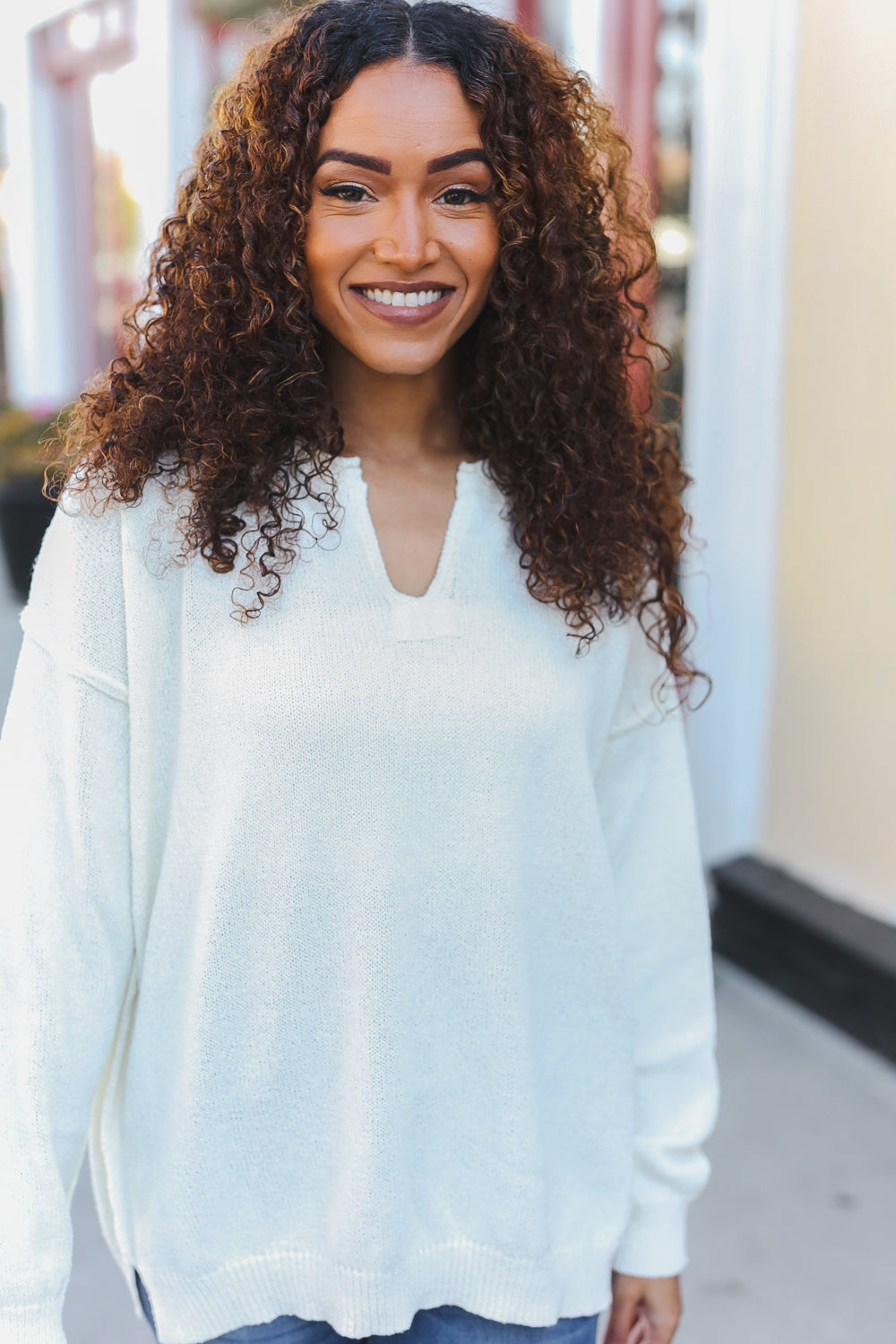 Lock Eyes Ivory Notched Neck With Patch Oversized Sweater - Charming Charlie