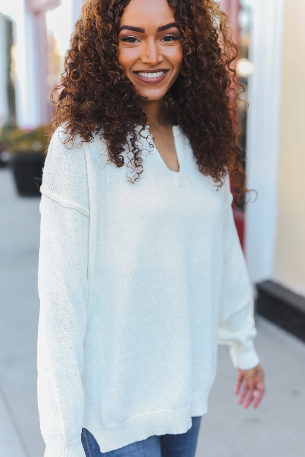 Lock Eyes Ivory Notched Neck With Patch Oversized Sweater - Charming Charlie