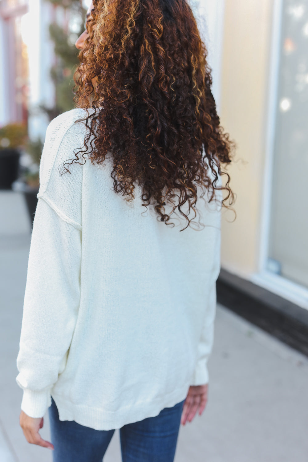 Lock Eyes Ivory Notched Neck With Patch Oversized Sweater - Charming Charlie
