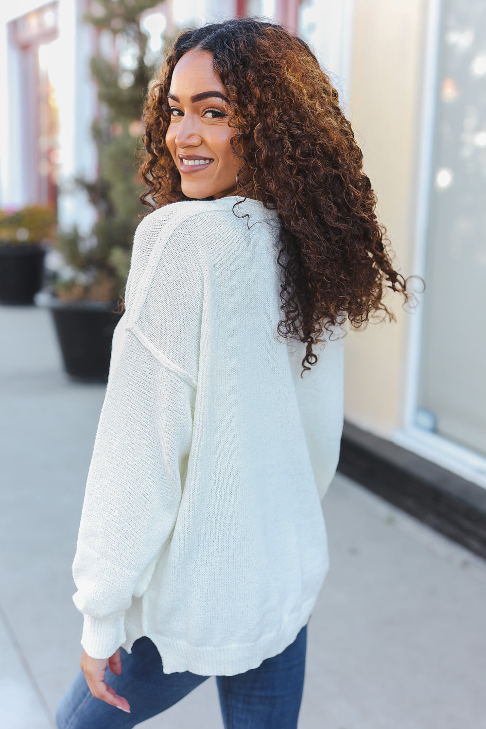 Lock Eyes Ivory Notched Neck With Patch Oversized Sweater - Charming Charlie