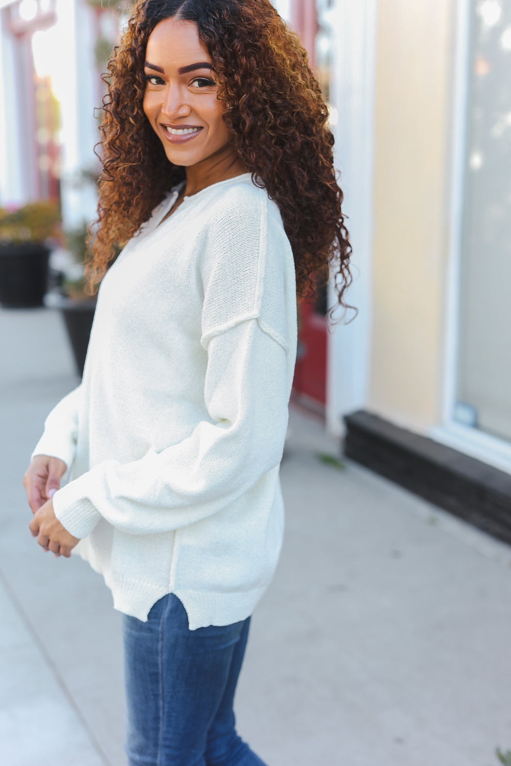 Lock Eyes Ivory Notched Neck With Patch Oversized Sweater - Charming Charlie