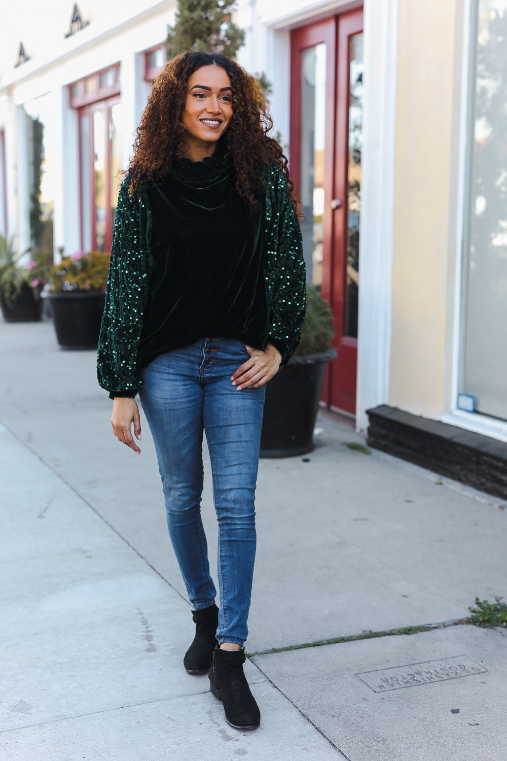 Under the Lights Green Velvet & Sequin Frill Mock Neck Top - Charming Charlie