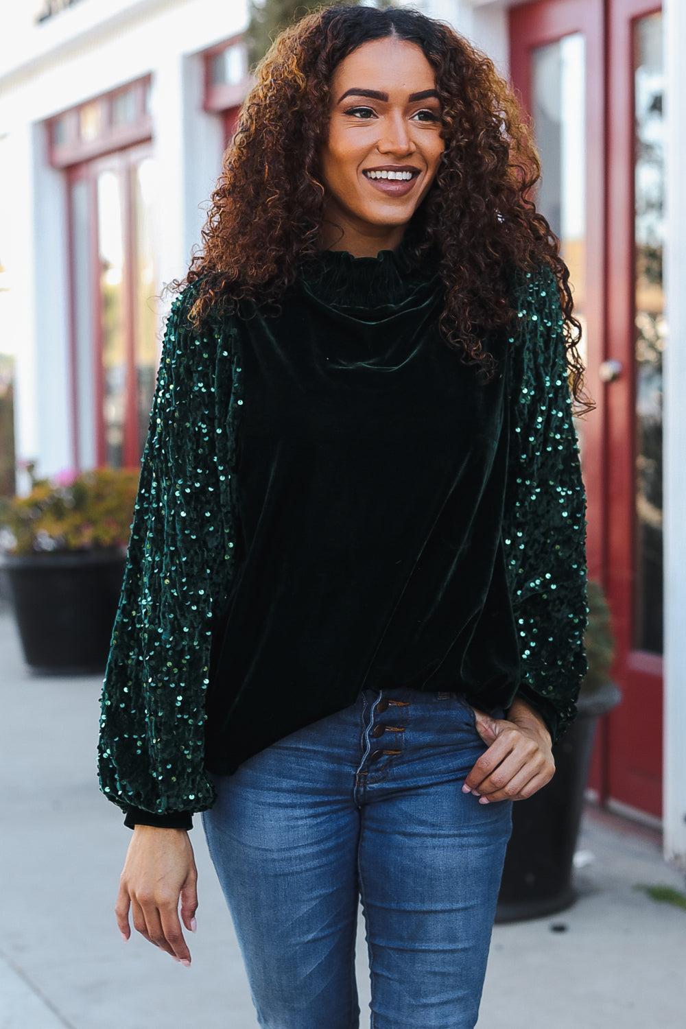 Under the Lights Green Velvet & Sequin Frill Mock Neck Top - Charming Charlie