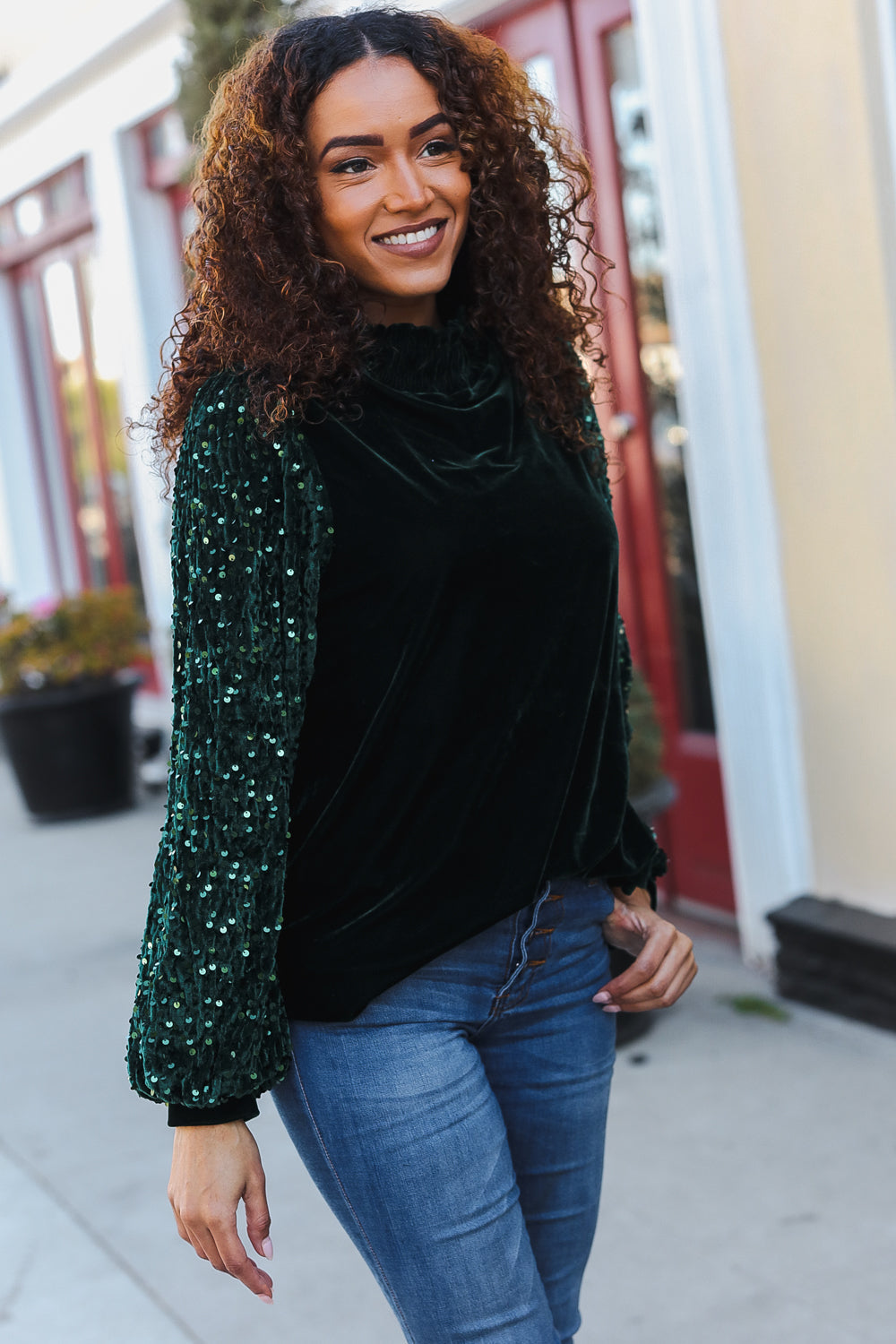 Under the Lights Green Velvet & Sequin Frill Mock Neck Top - Charming Charlie