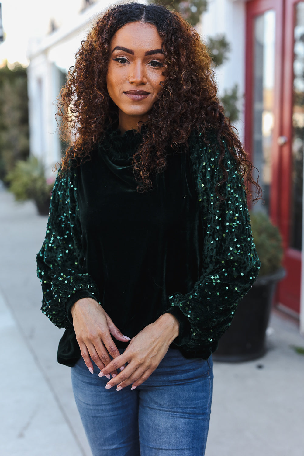 Under the Lights Green Velvet & Sequin Frill Mock Neck Top - Charming Charlie