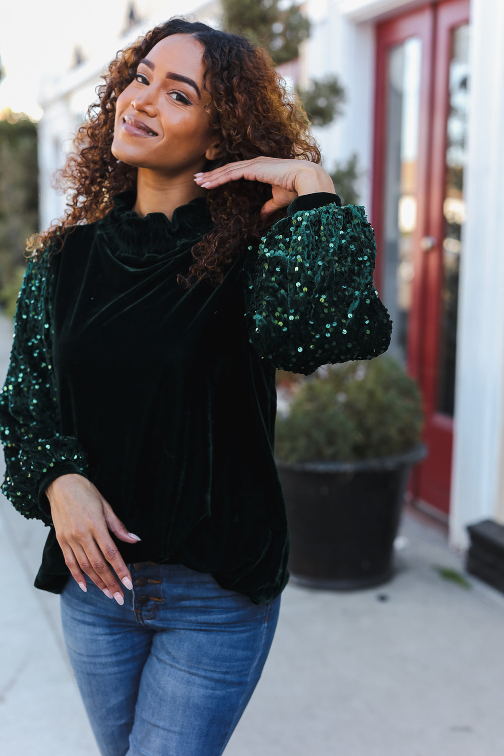 Under the Lights Green Velvet & Sequin Frill Mock Neck Top - Charming Charlie
