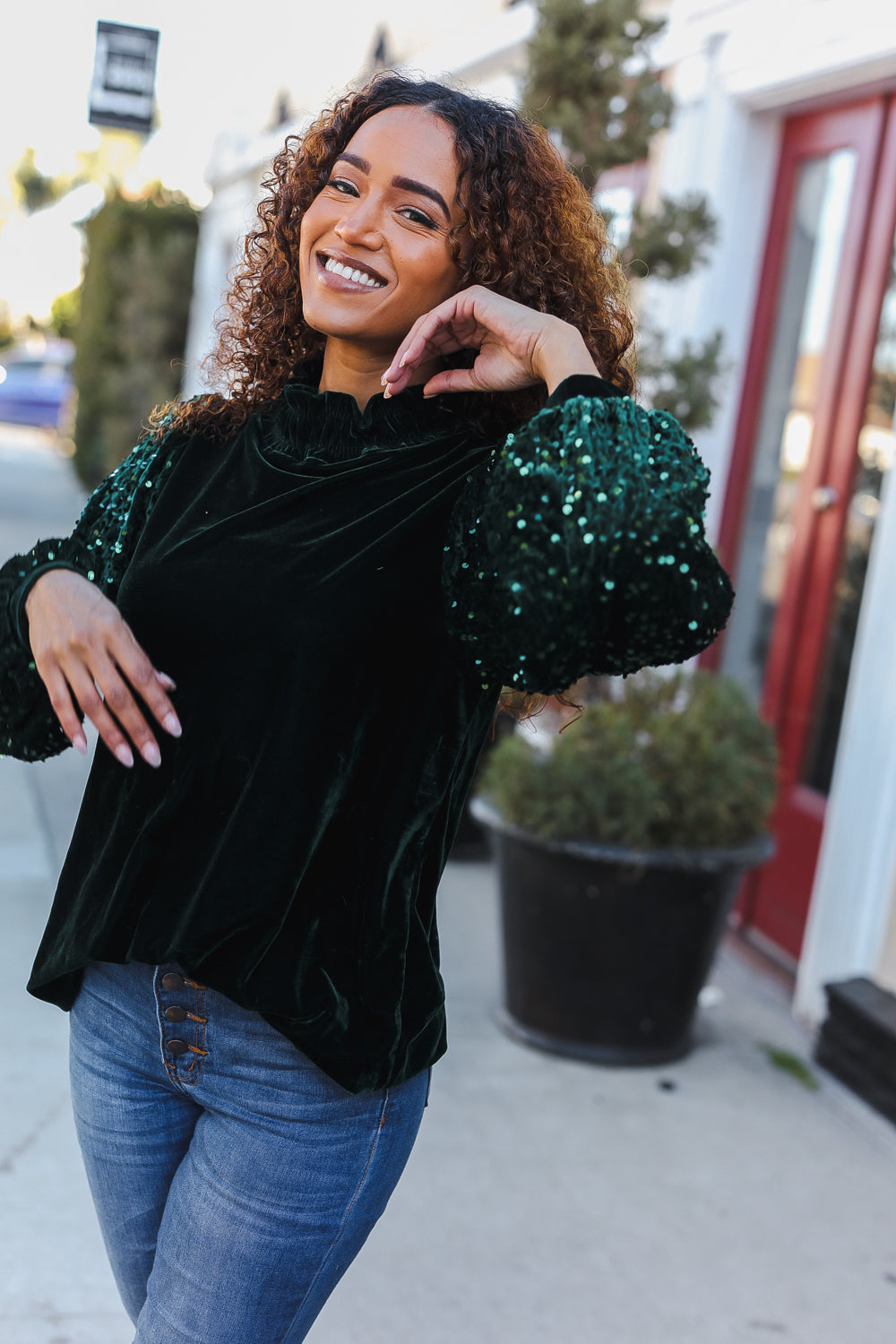 Under the Lights Green Velvet & Sequin Frill Mock Neck Top - Charming Charlie