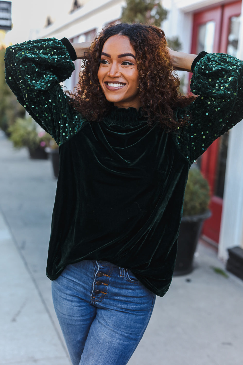 Under the Lights Green Velvet & Sequin Frill Mock Neck Top - Charming Charlie