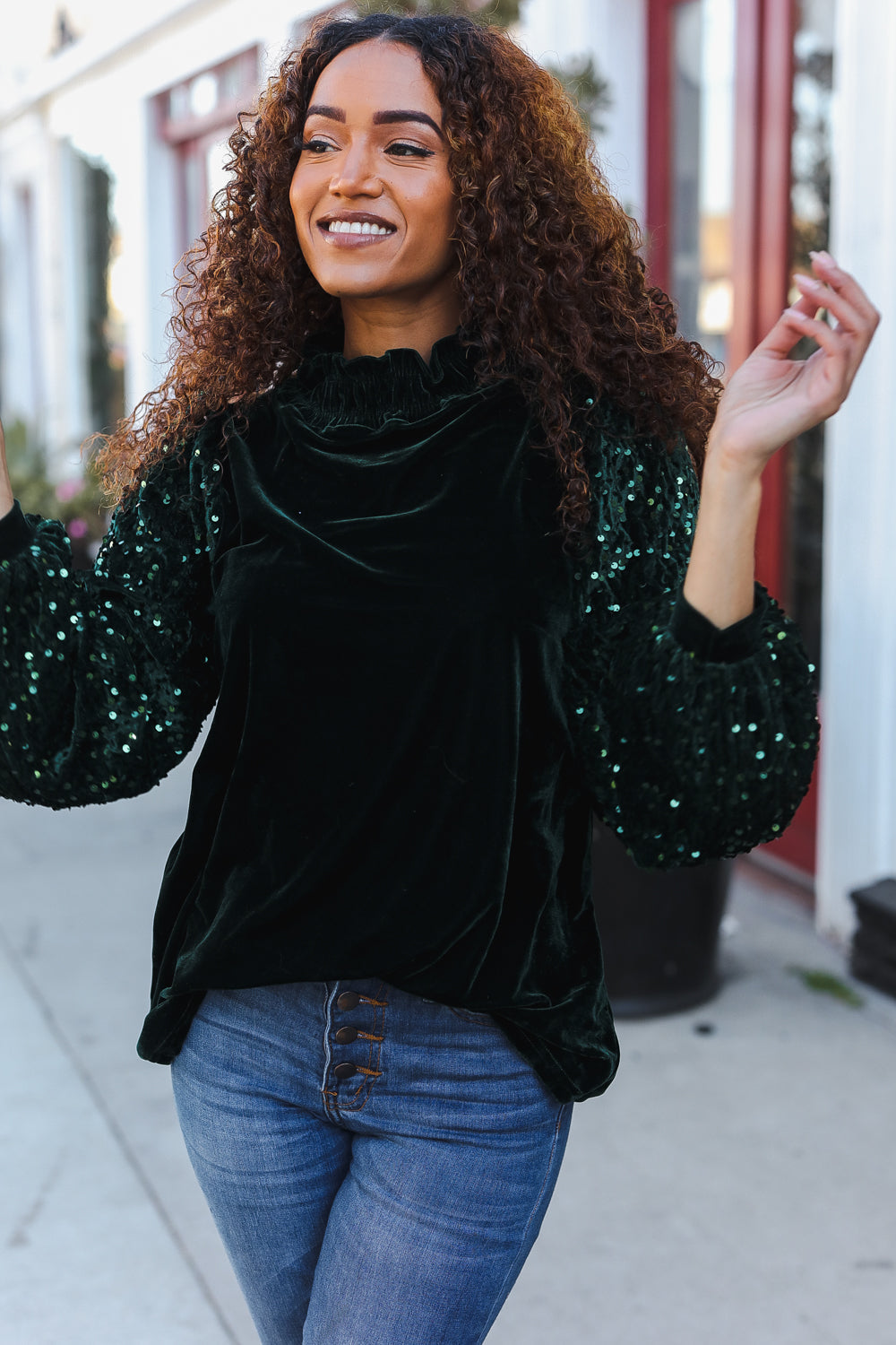 Under the Lights Green Velvet & Sequin Frill Mock Neck Top - Charming Charlie
