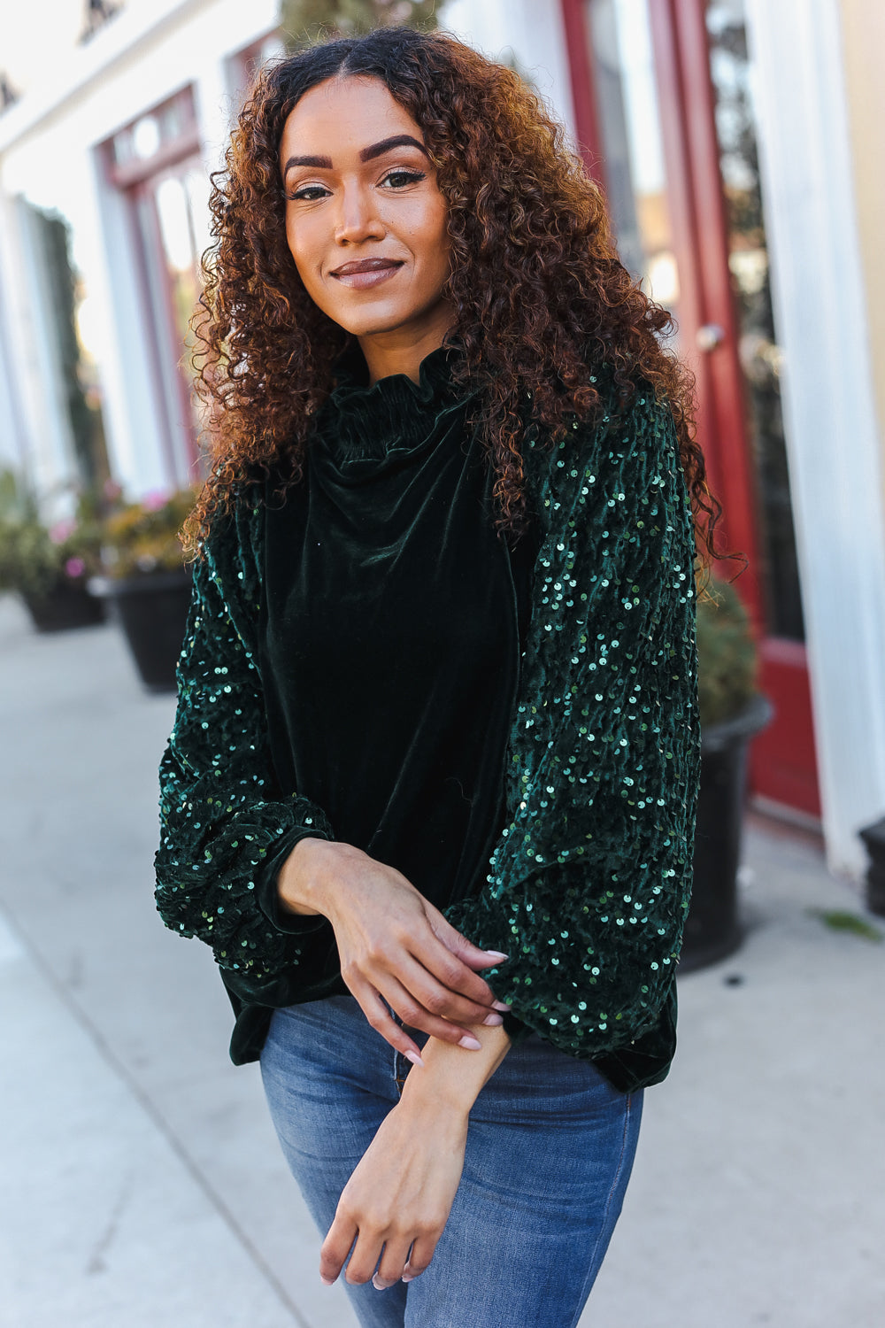 Under the Lights Green Velvet & Sequin Frill Mock Neck Top - Charming Charlie
