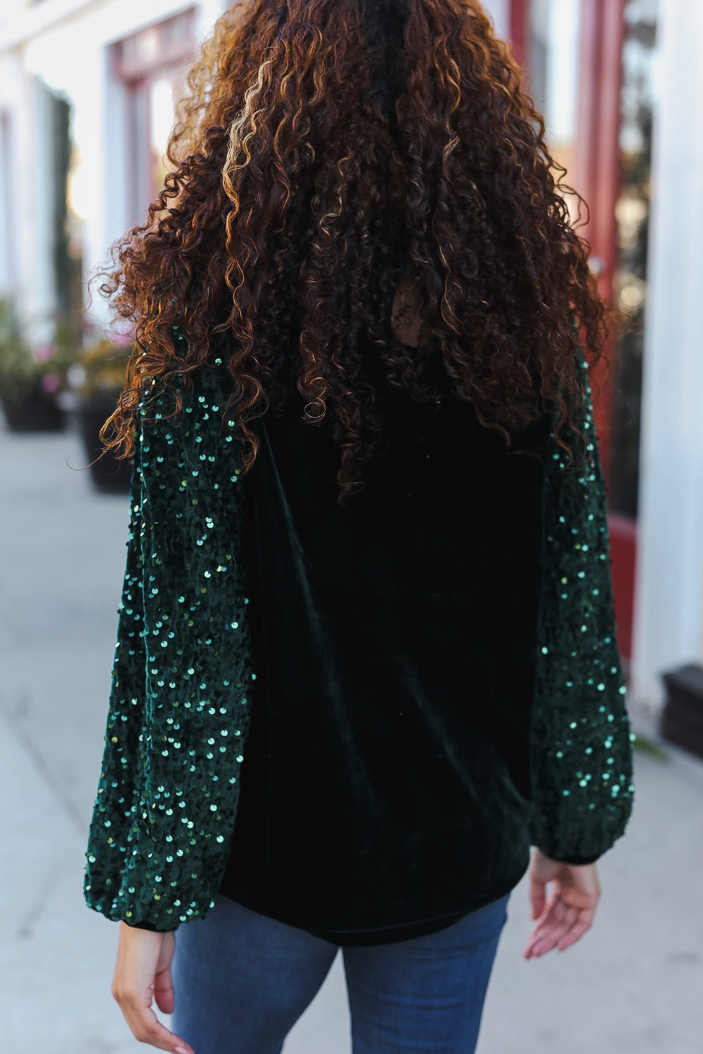 Under the Lights Green Velvet & Sequin Frill Mock Neck Top - Charming Charlie