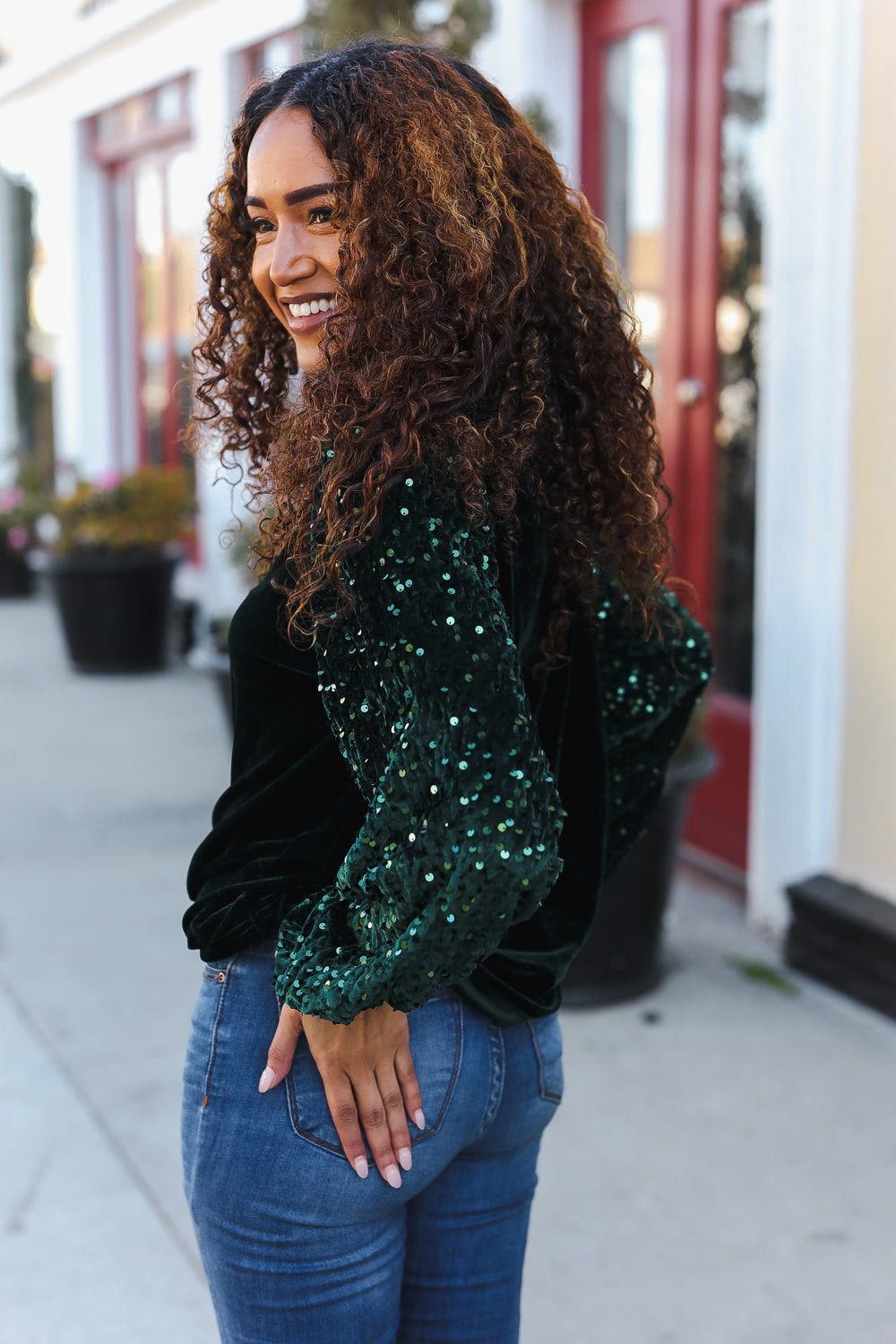 Under the Lights Green Velvet & Sequin Frill Mock Neck Top - Charming Charlie