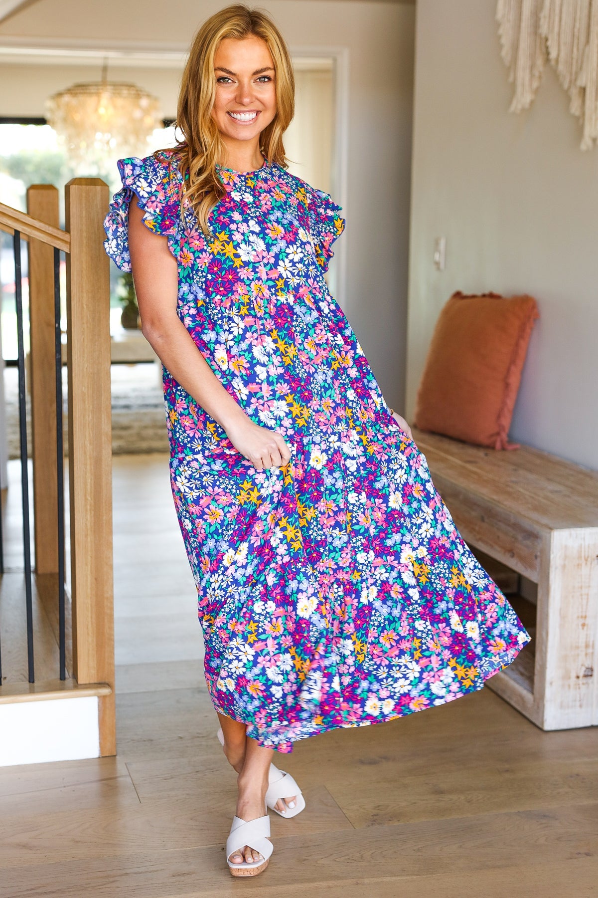 Just A Dream Navy Floral Smocked Ruffle Sleeve Maxi Dress - Charming Charlie