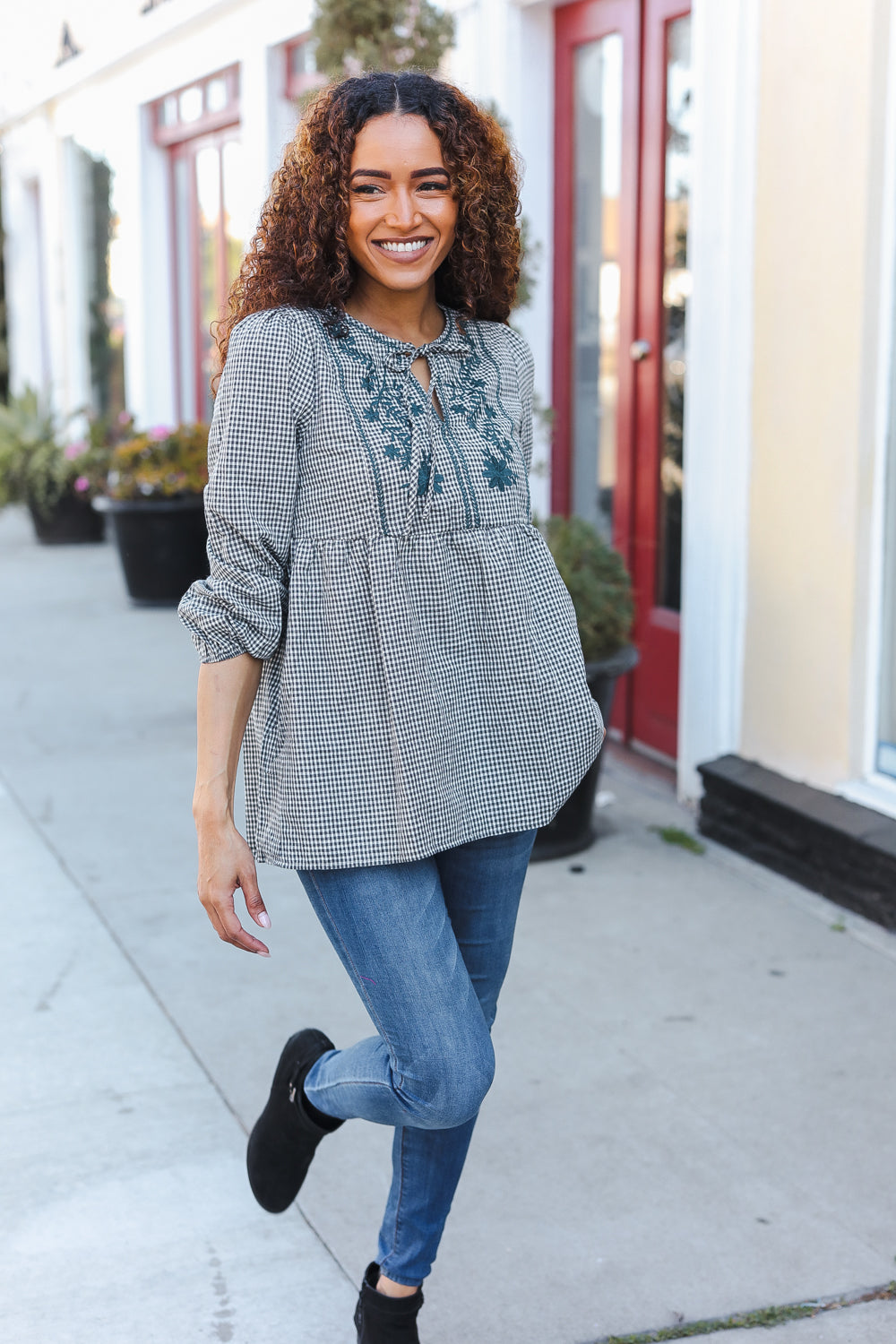 Beautiful You Dark Green Cotton Plaid Embroidered Back Button Top - Charming Charlie