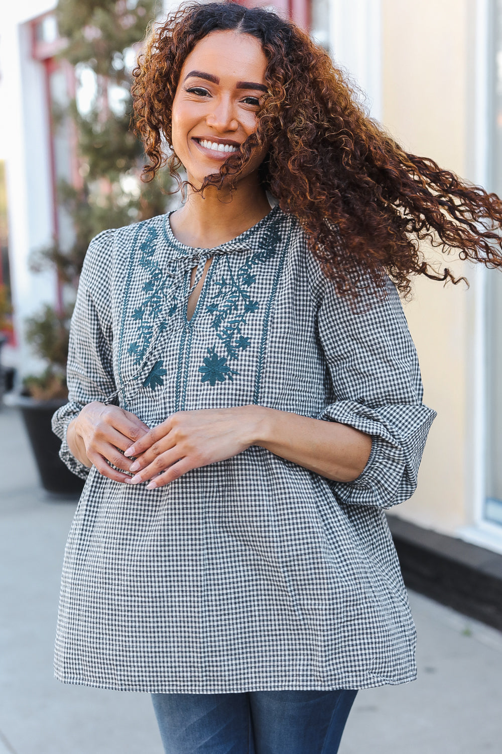 Beautiful You Dark Green Cotton Plaid Embroidered Back Button Top - Charming Charlie