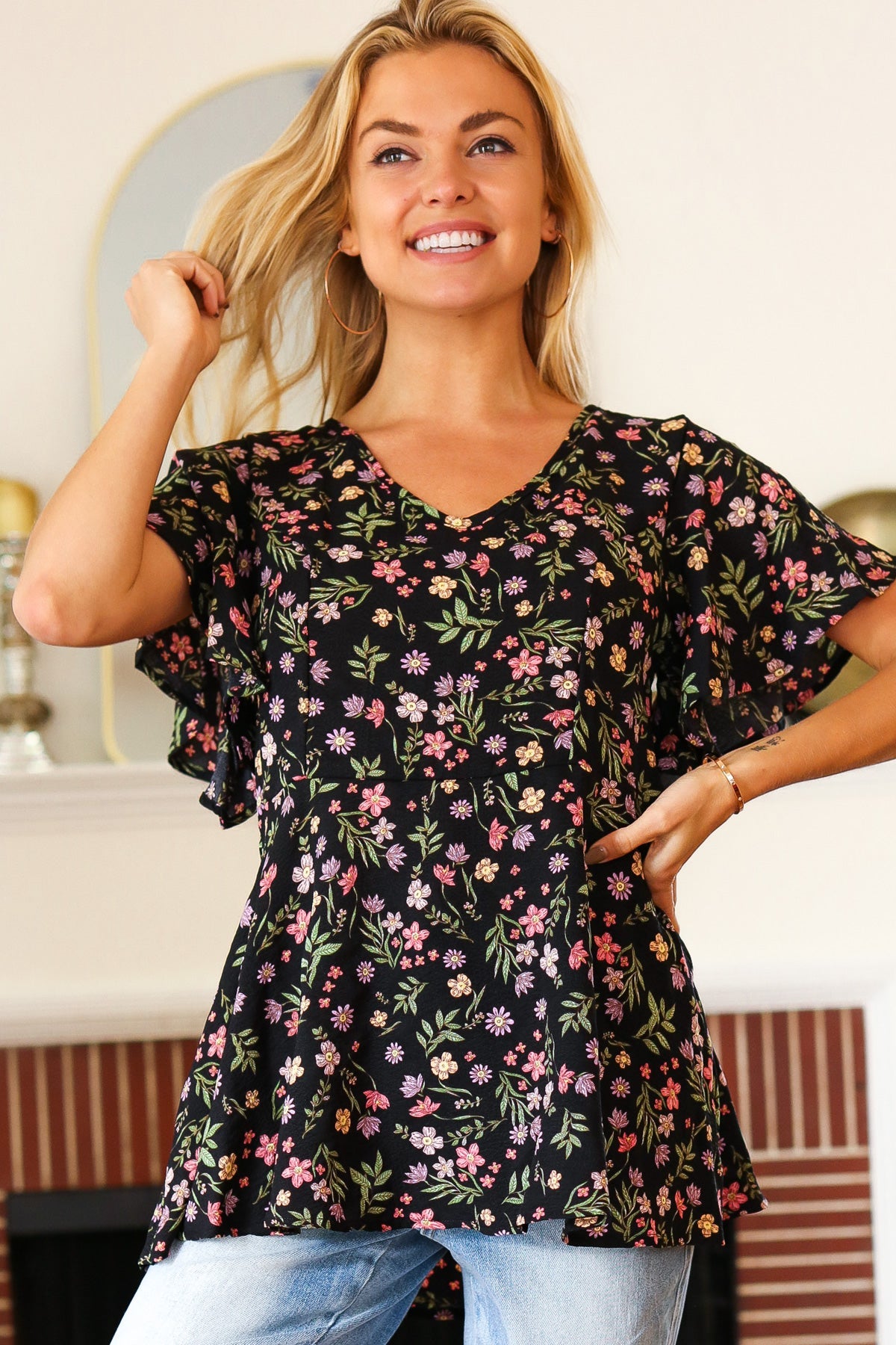 Summer Vibes Black Floral Print V Neck Babydoll Crepe Top - Charming Charlie
