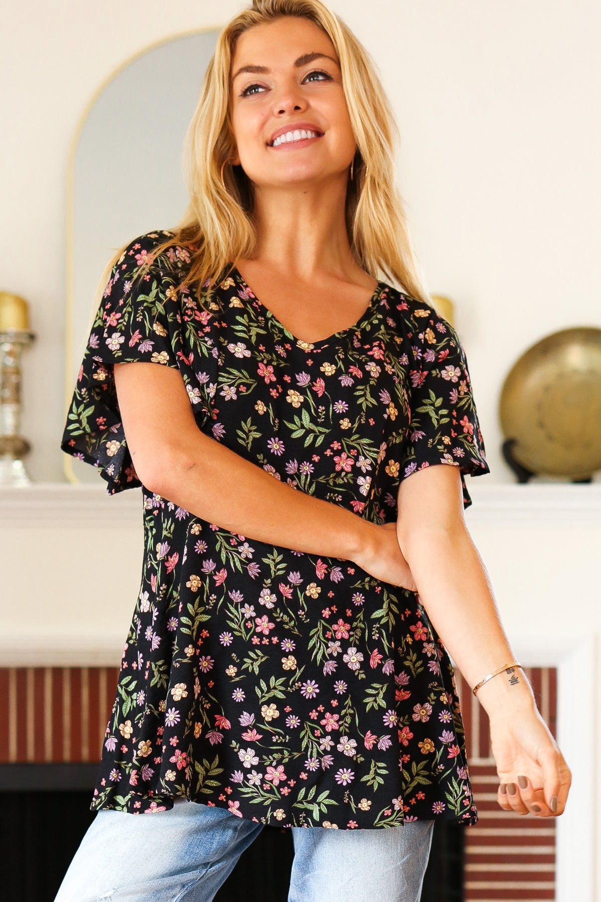 Summer Vibes Black Floral Print V Neck Babydoll Crepe Top - Charming Charlie