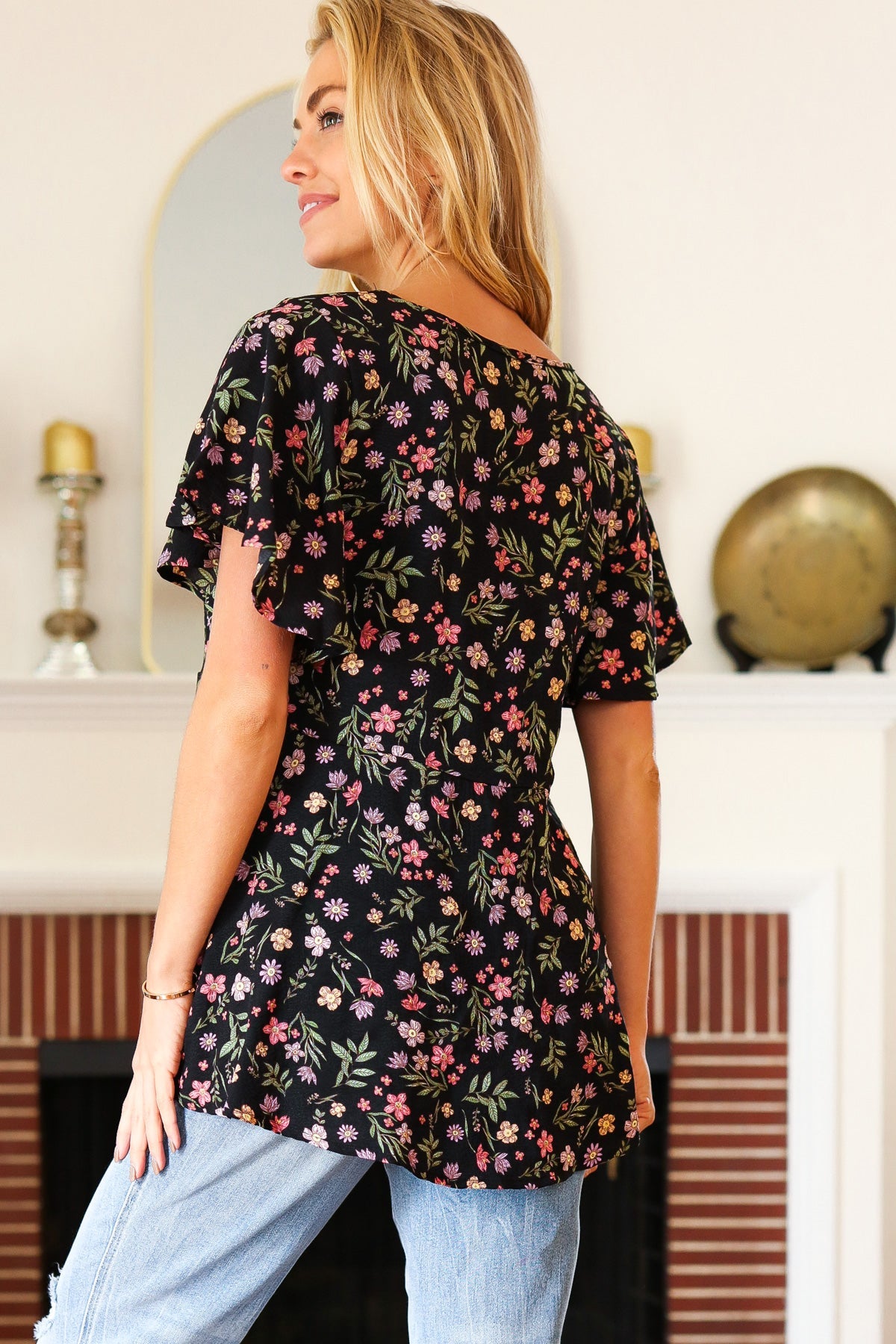 Summer Vibes Black Floral Print V Neck Babydoll Crepe Top - Charming Charlie