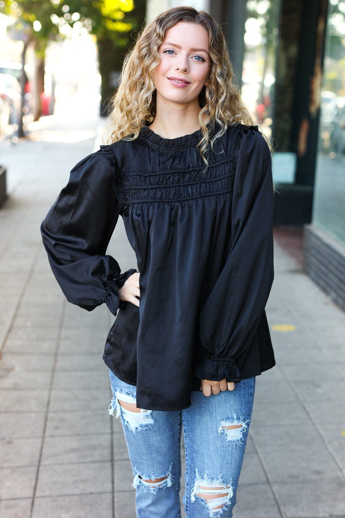 Be Your Best Black Satin Shirred Yoke Frilled Mock Neck Top - Charming Charlie